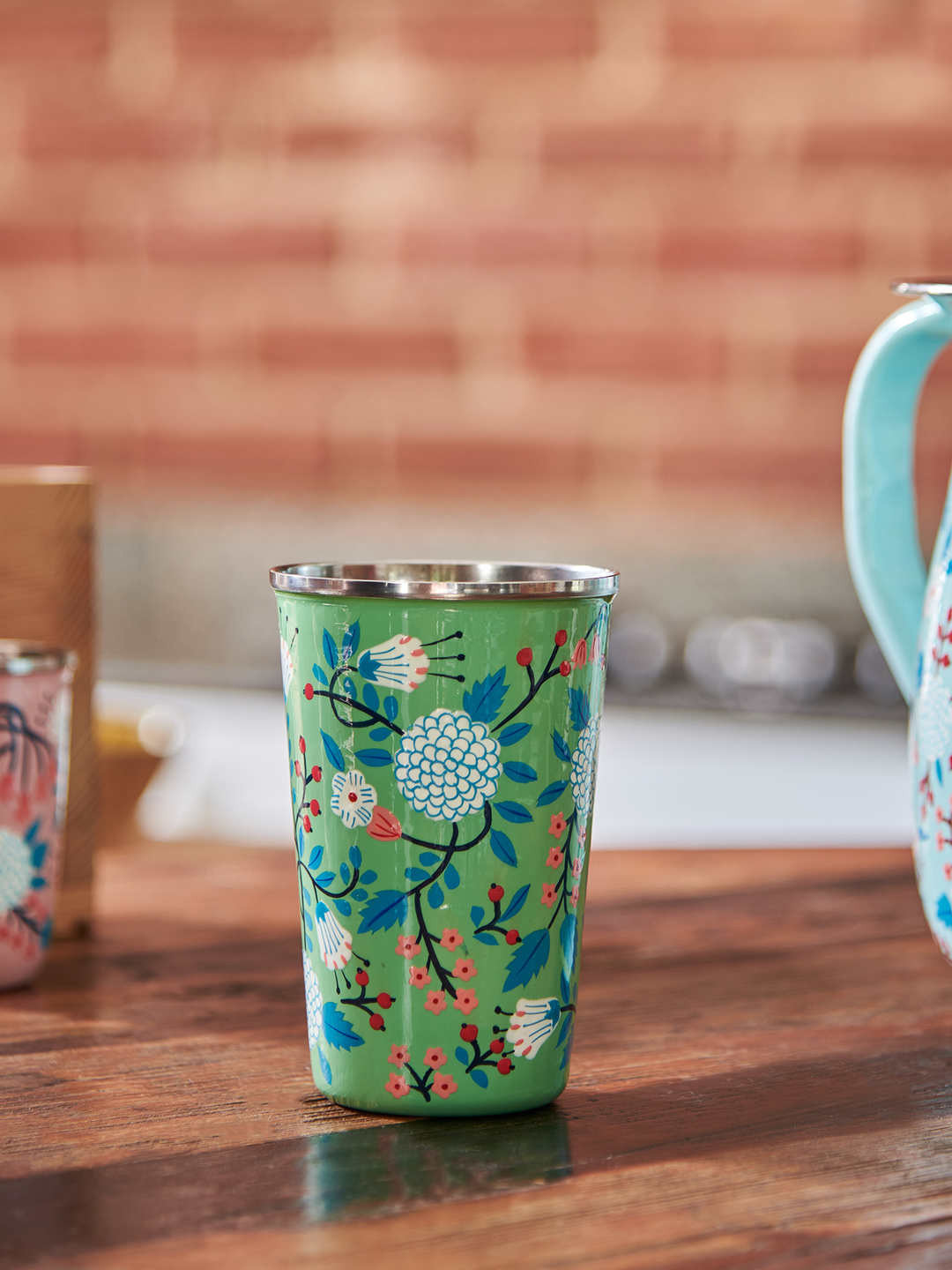 Chumbak Green & Blue Floral Printed Stainless Steel Tumbler