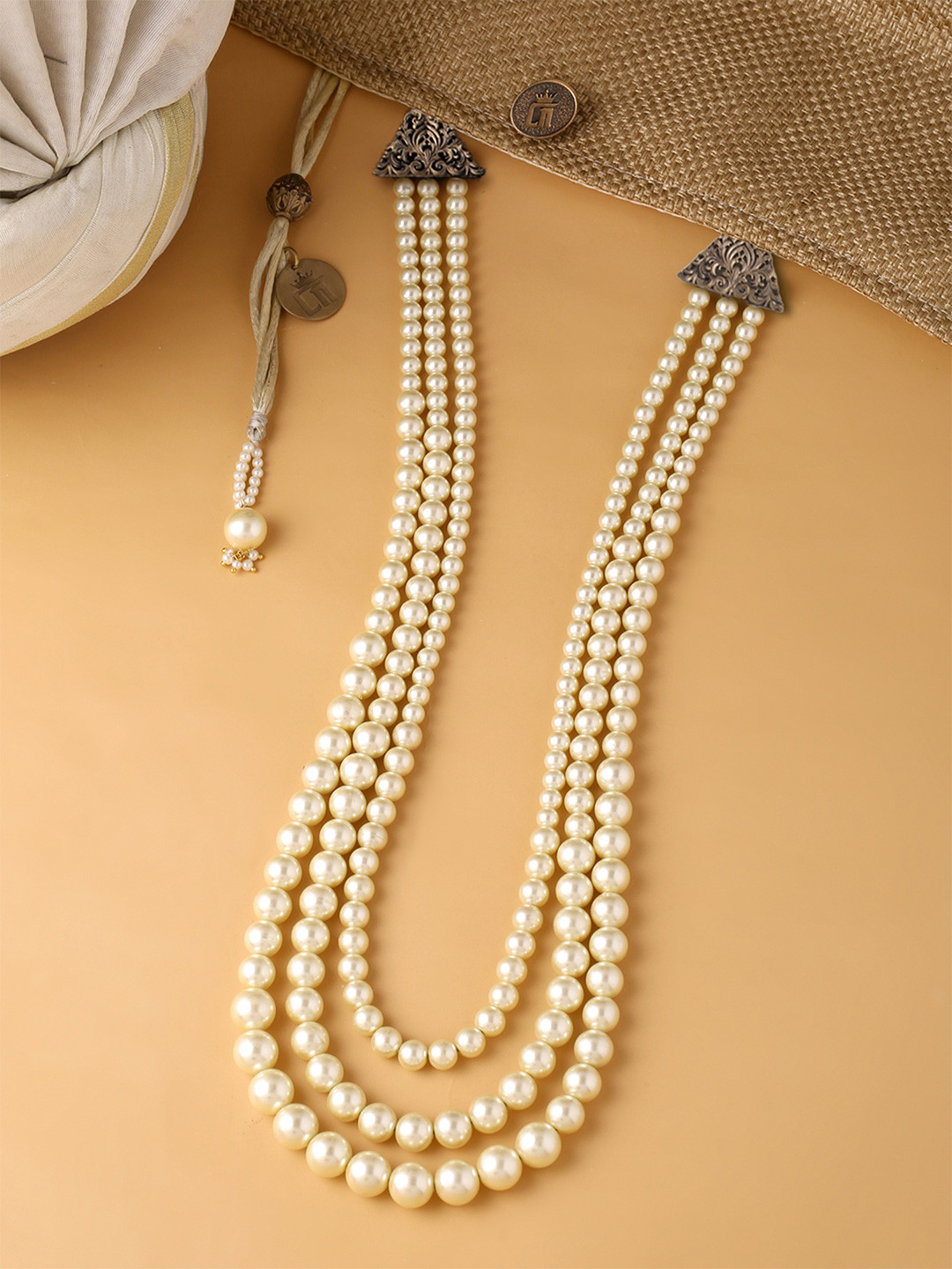 COSA NOSTRAA Men Off White & Gold-Toned Pearls Brass Layered Groom Mala