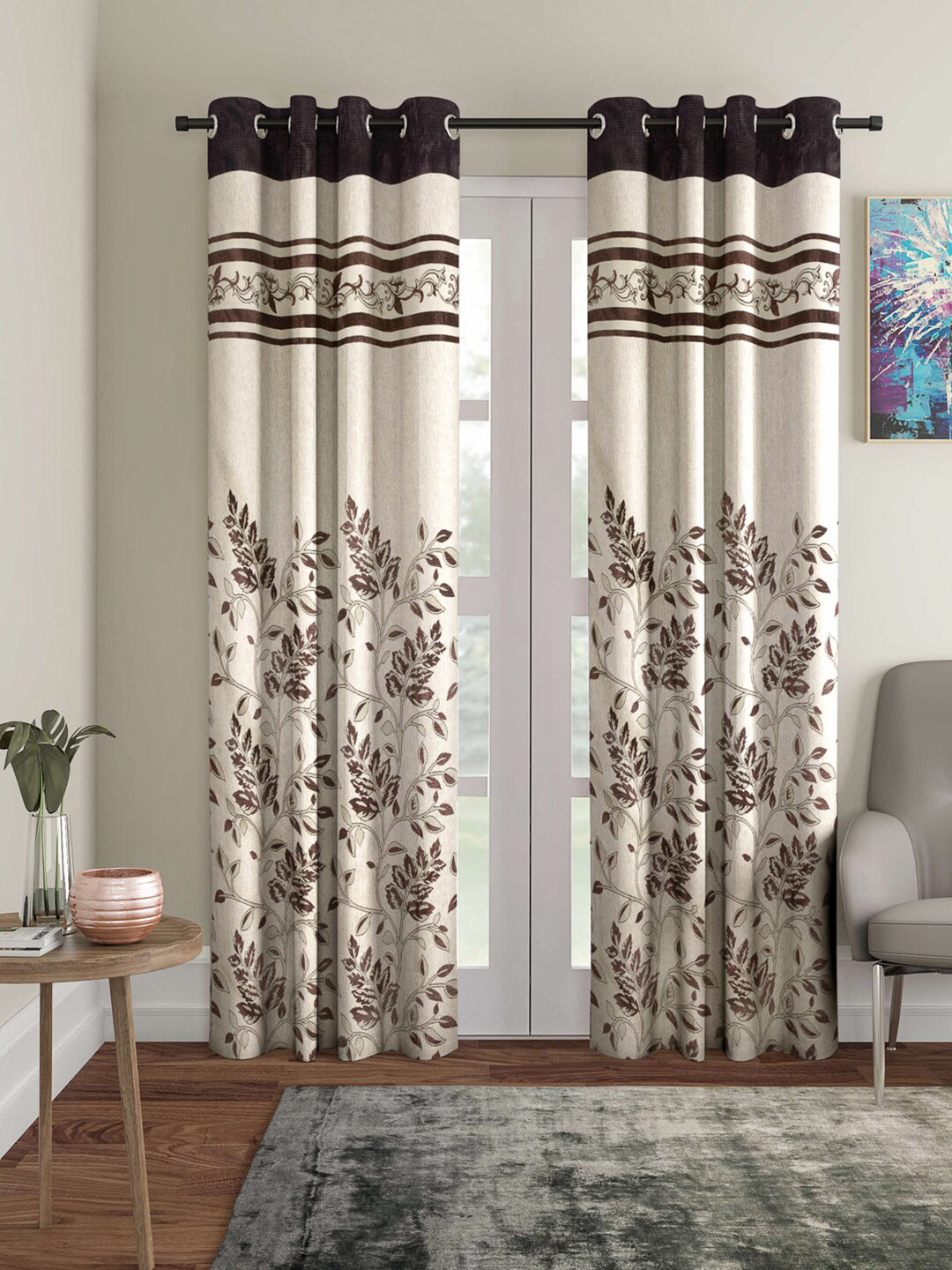 Arrabi Brown & Beige Set of 2 Floral Long Door Curtains