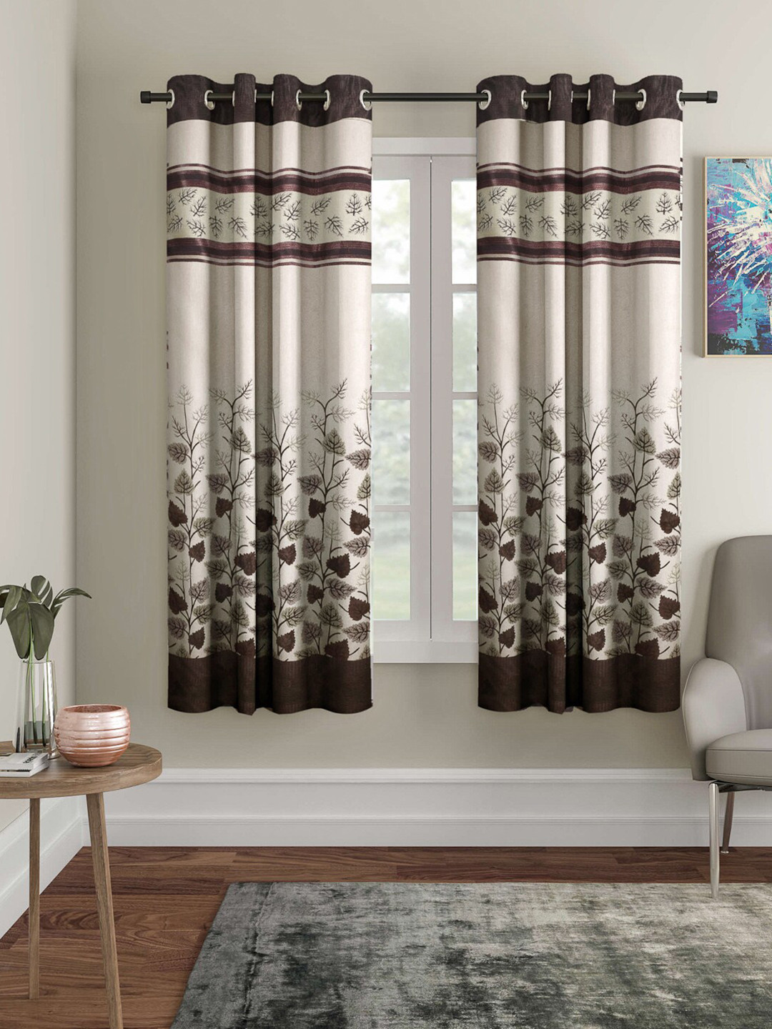 Arrabi Brown & Beige Set of 2 Floral Window Curtain