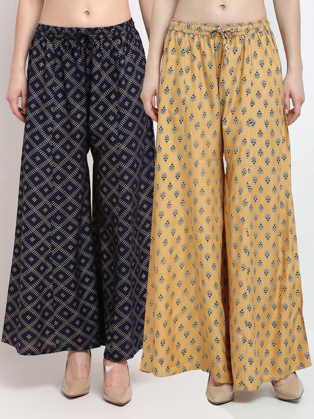 GRACIT Women Navy Blue & Tan 2 Ethnic Motifs Printed Flared Knitted Palazzos