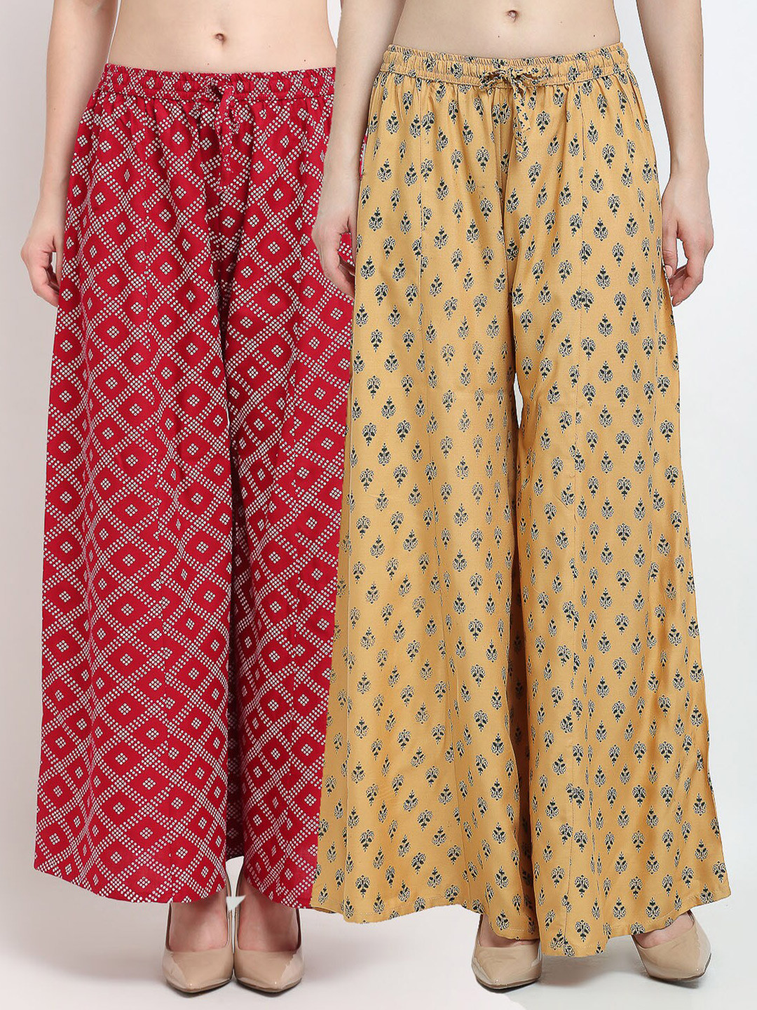 GRACIT Women Maroon & Tan 2 Ethnic Motifs Printed Flared Knitted Palazzos