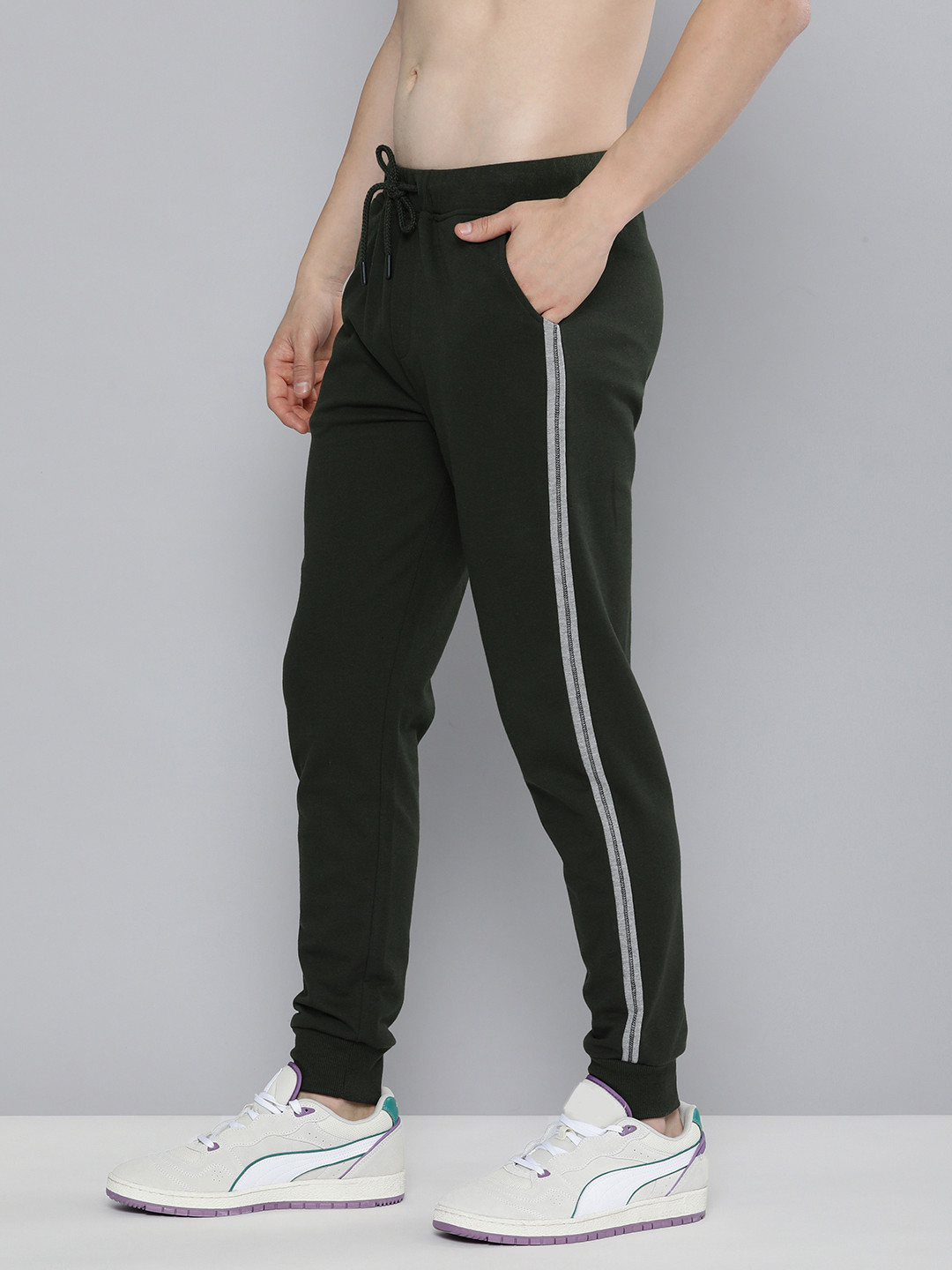 Harvard Men Olive Green Side Striped Joggers