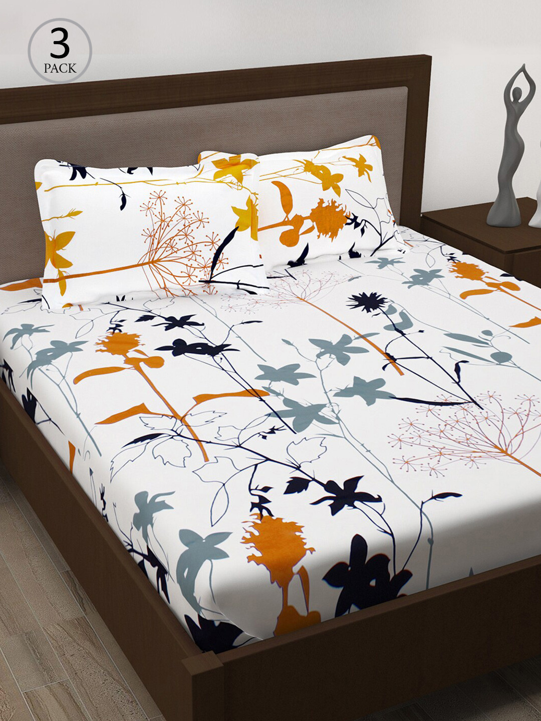 Story@home White Leaf Cotton 186 TC Queen Fine 3 Bedsheet with 6 Pillow Covers-89 x 98 inches