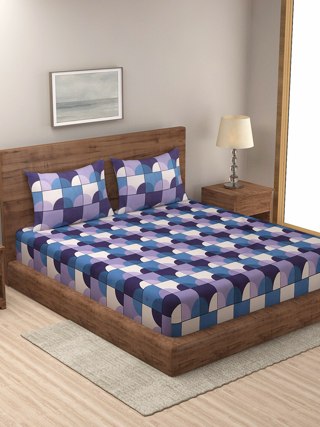 TAG 7 Blue Geometric Cotton 210 TC King Fine Bedsheet with 2 Pillow Covers-87 x 98 inches