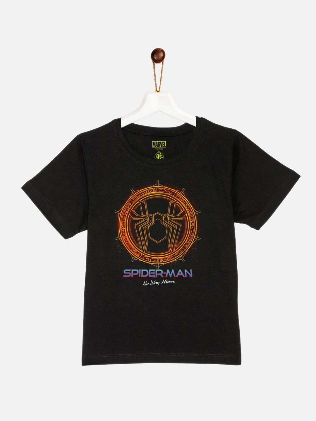YK Marvel Boys Black Spider-Man Printed Pure Cotton T-shirt