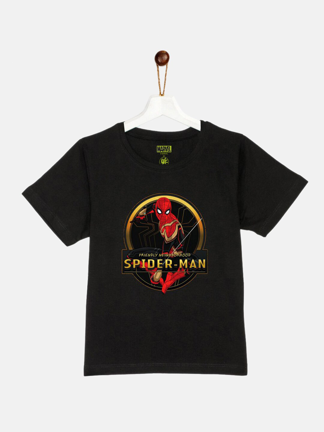 YK Marvel Boys Black Spider-Man Printed Pure Cotton Raw Edge T-shirt
