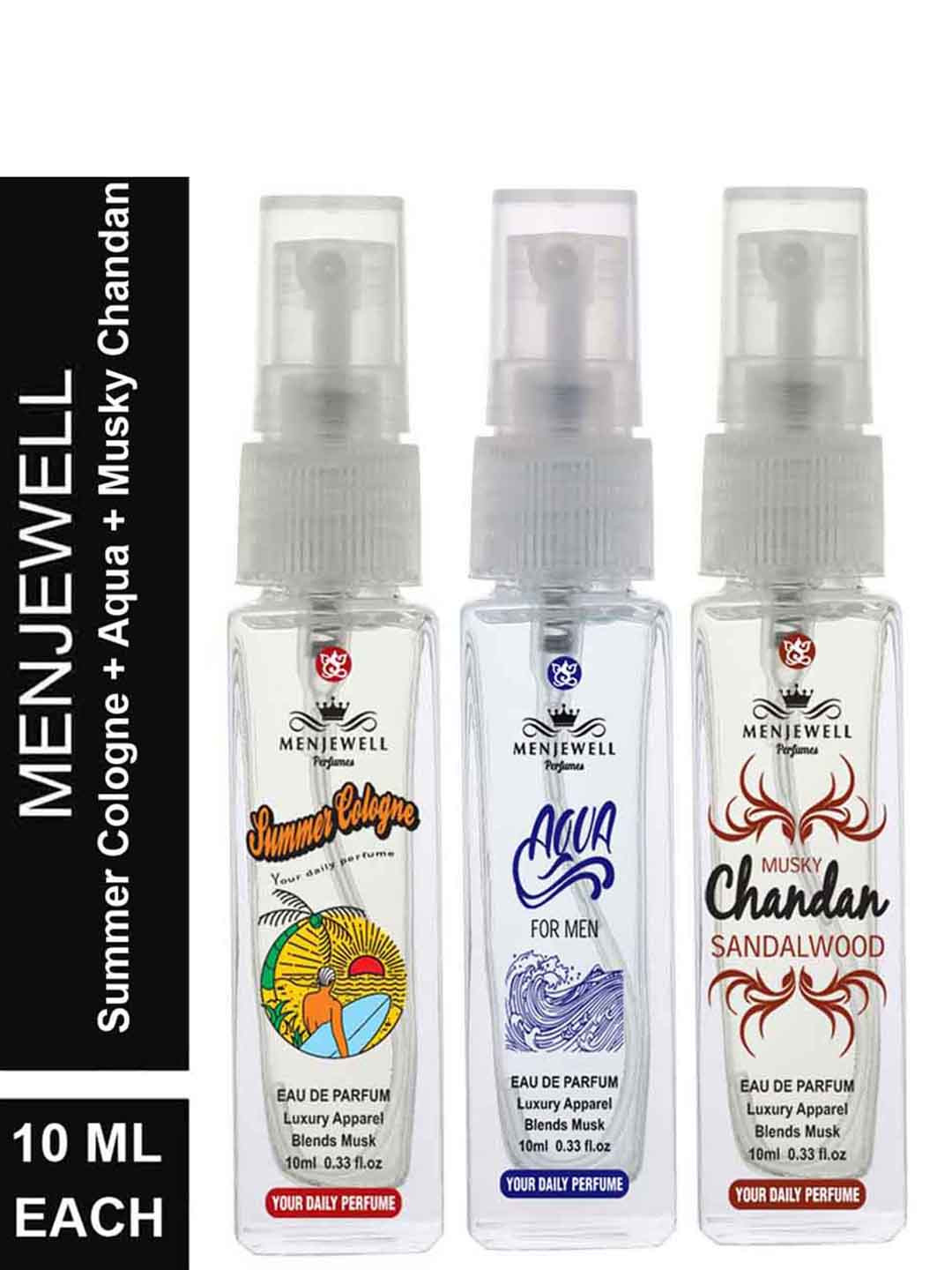 Menjewell Set of 3 Perfume - Summer Cologne - Aqua For Men & Musky Chandan Sandalwood