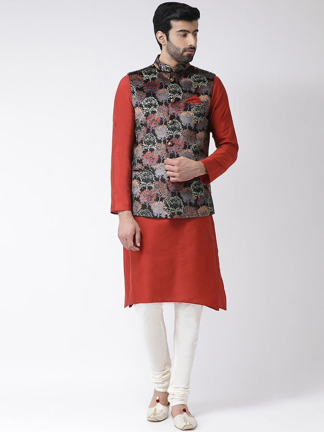 KISAH Men Red & Black Kurta with Churidar & Jacket