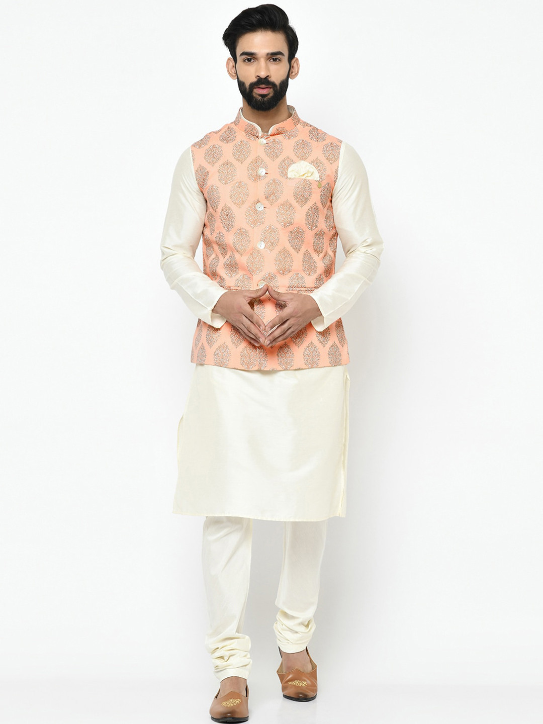 KISAH Men Golden Coloured Kurta with Churidar & Jacket