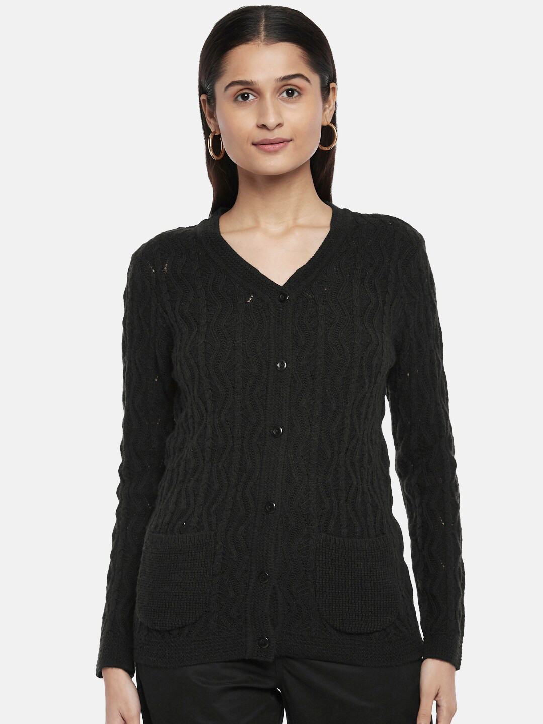 Honey by Pantaloons Women Black Self Design Acrylic Cardigan