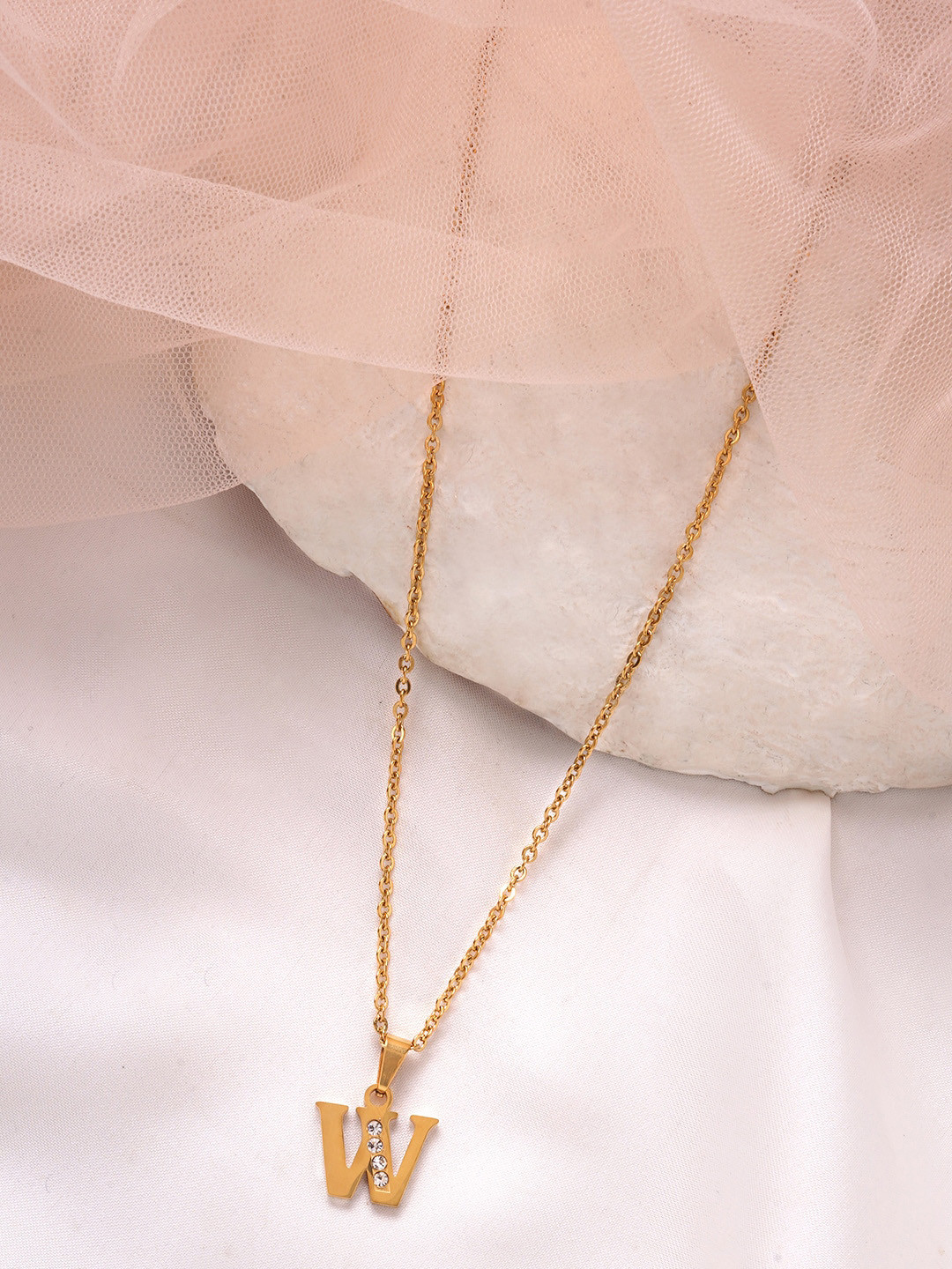 BEWITCHED Gold-Toned & White Stone Studded Letter W Charm Pendant With Chain