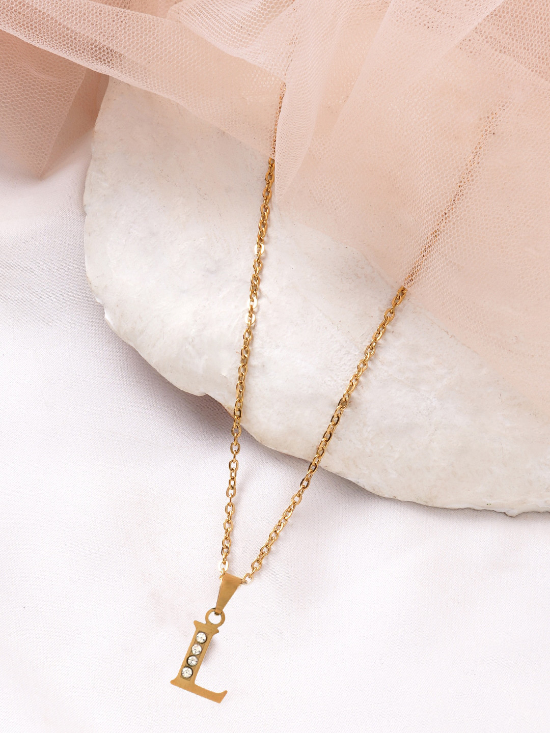 BEWITCHED Gold-Toned & White Stone Studded Letter L Charm Pendant With Chain