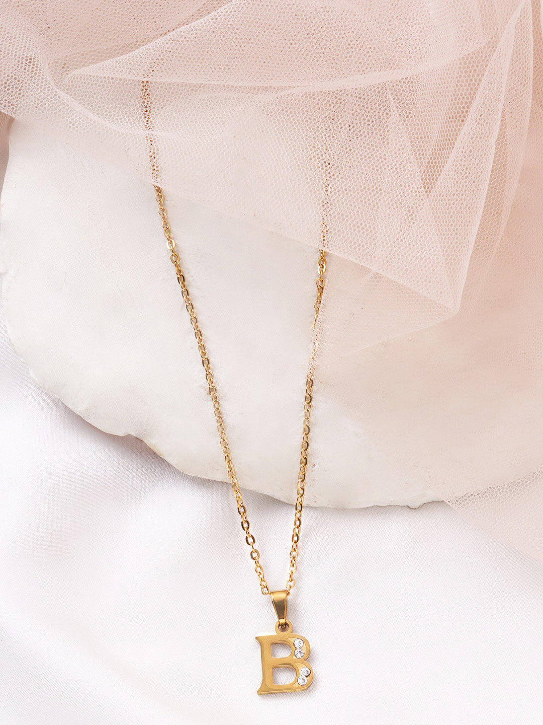 BEWITCHED Gold-Toned & White Stone Studded Letter B Charm Pendant With Chain