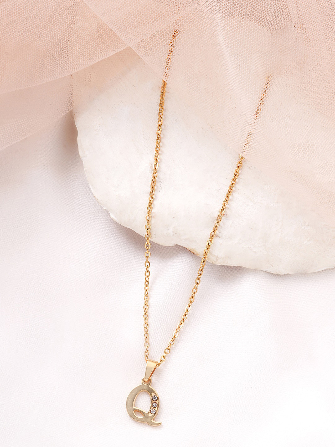 BEWITCHED Gold-Toned & White Stone Studded Letter Q Charm Pendant With Chain