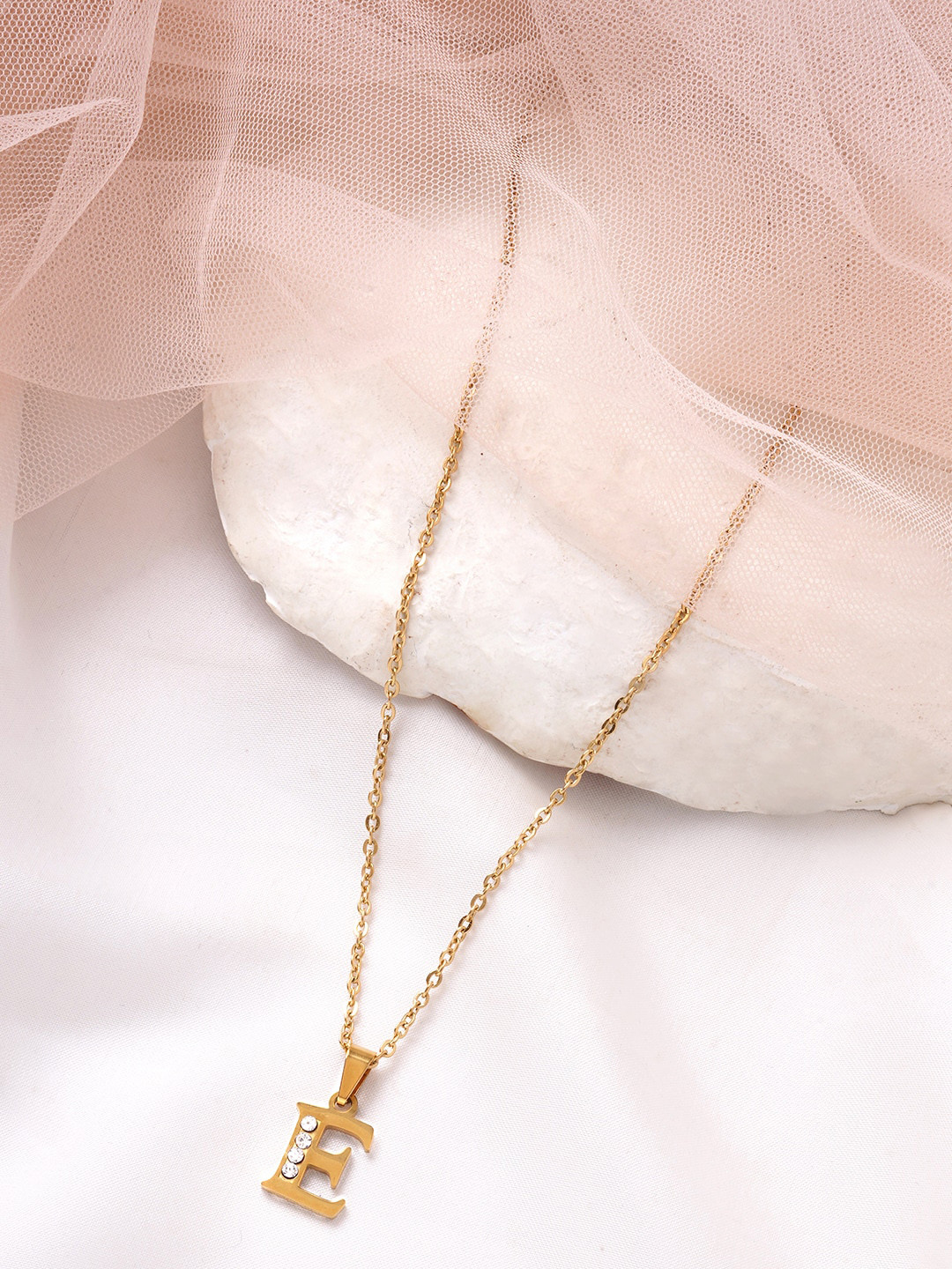 BEWITCHED Gold-Toned & White Stone Studded Letter E Charm Pendant With Chain