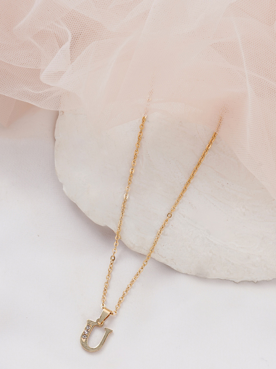 BEWITCHED Gold-Toned & White Stone Studded Letter U Charm Pendant With Chain