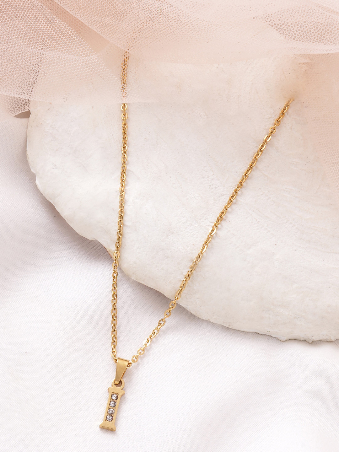 BEWITCHED Gold-Toned & White Stone Studded Letter I Charm Pendant With Chain