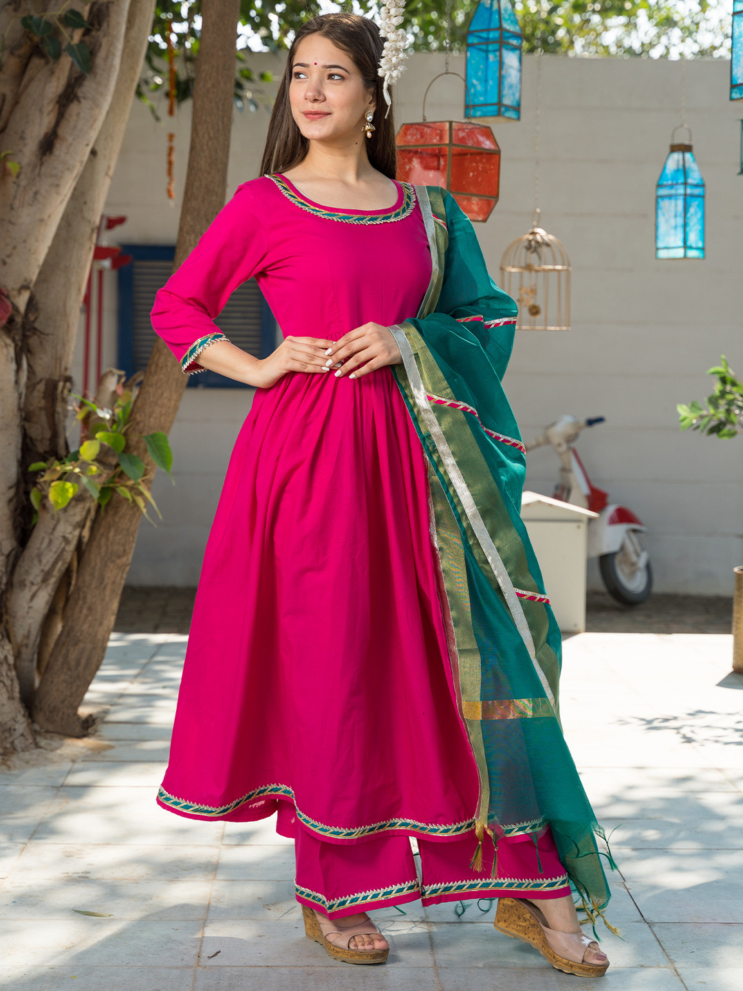PHEETA Women Pink Embroidered Empire Pure Cotton Kurta with Palazzos & With Dupatta