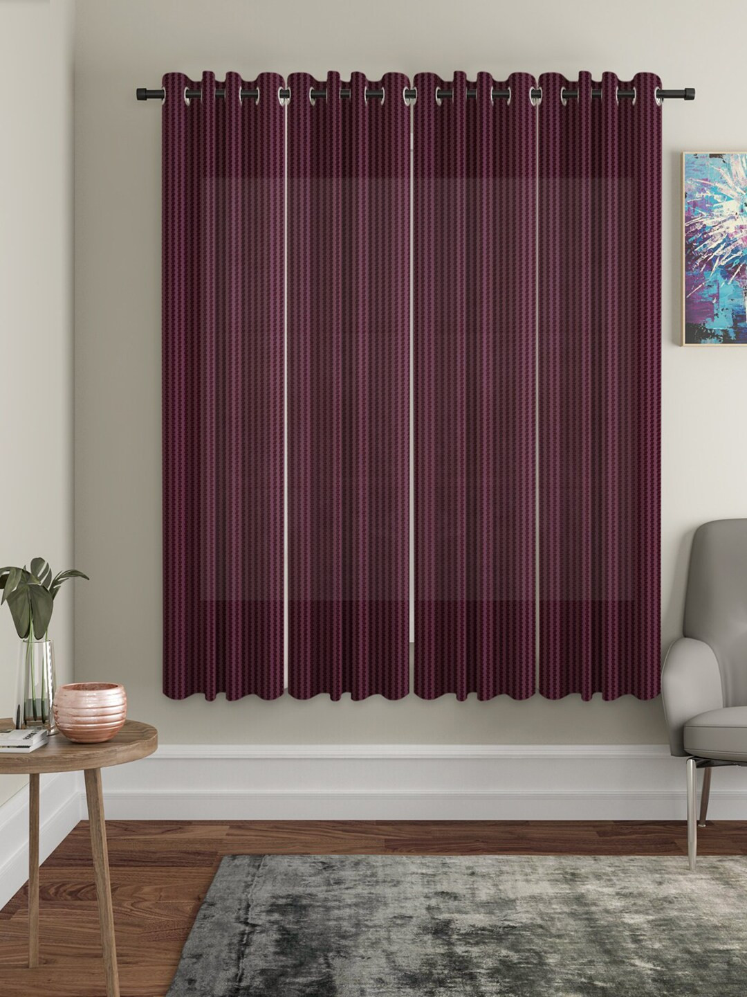 HOSTA HOMES Pack Of 4 Purple Striped Window Curtain