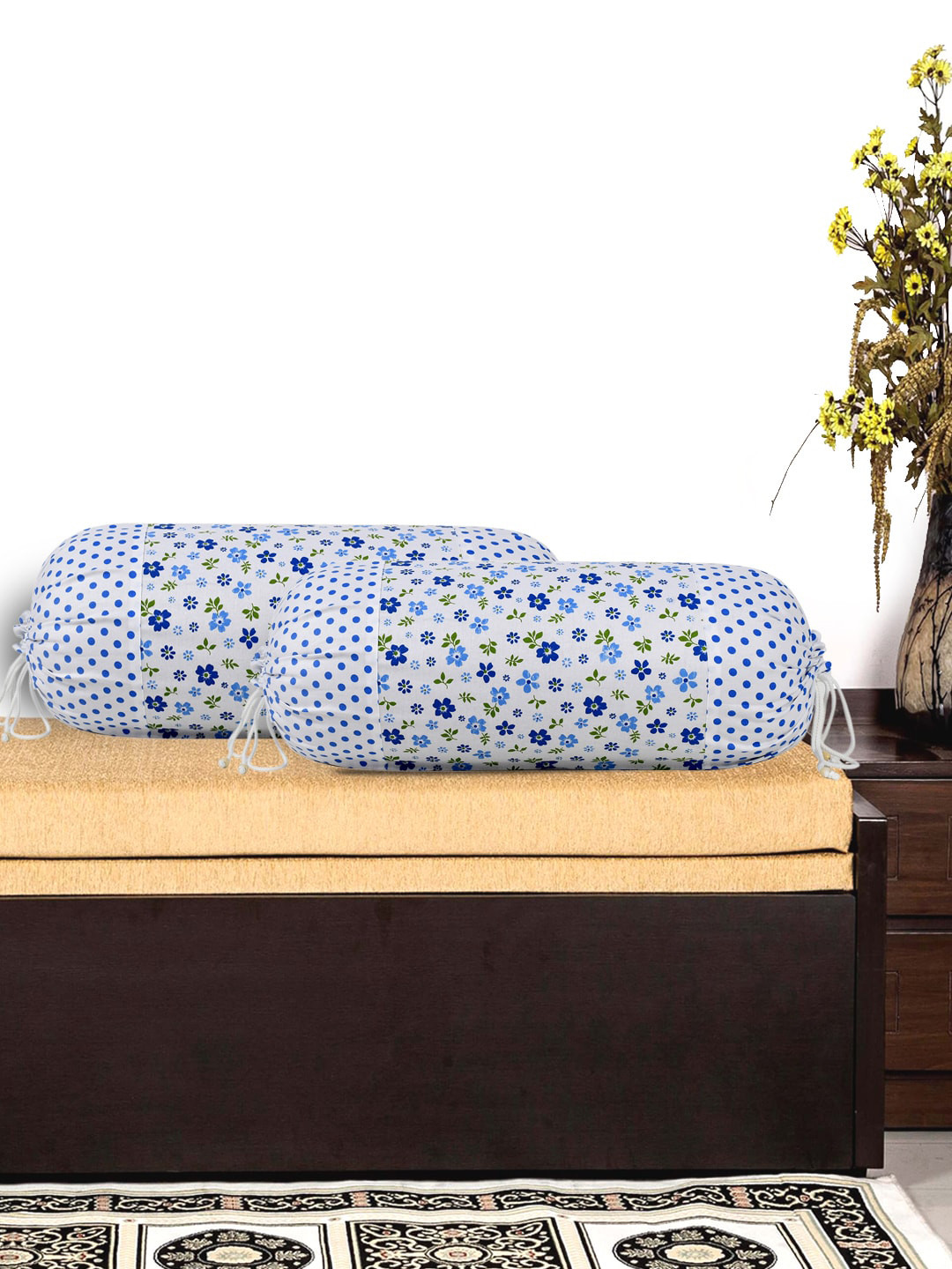 Kuber Industries Blue & White Set of 2 Flower Printed Cotton Bolster Cover