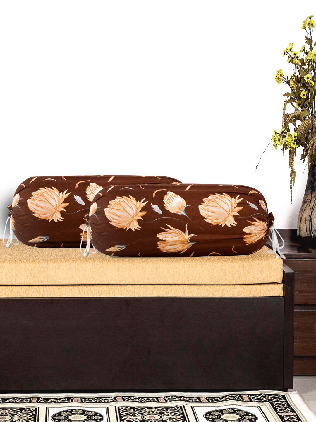 Kuber Industries Set of 6 Brown Flower Printed Cotton Bolster Covers