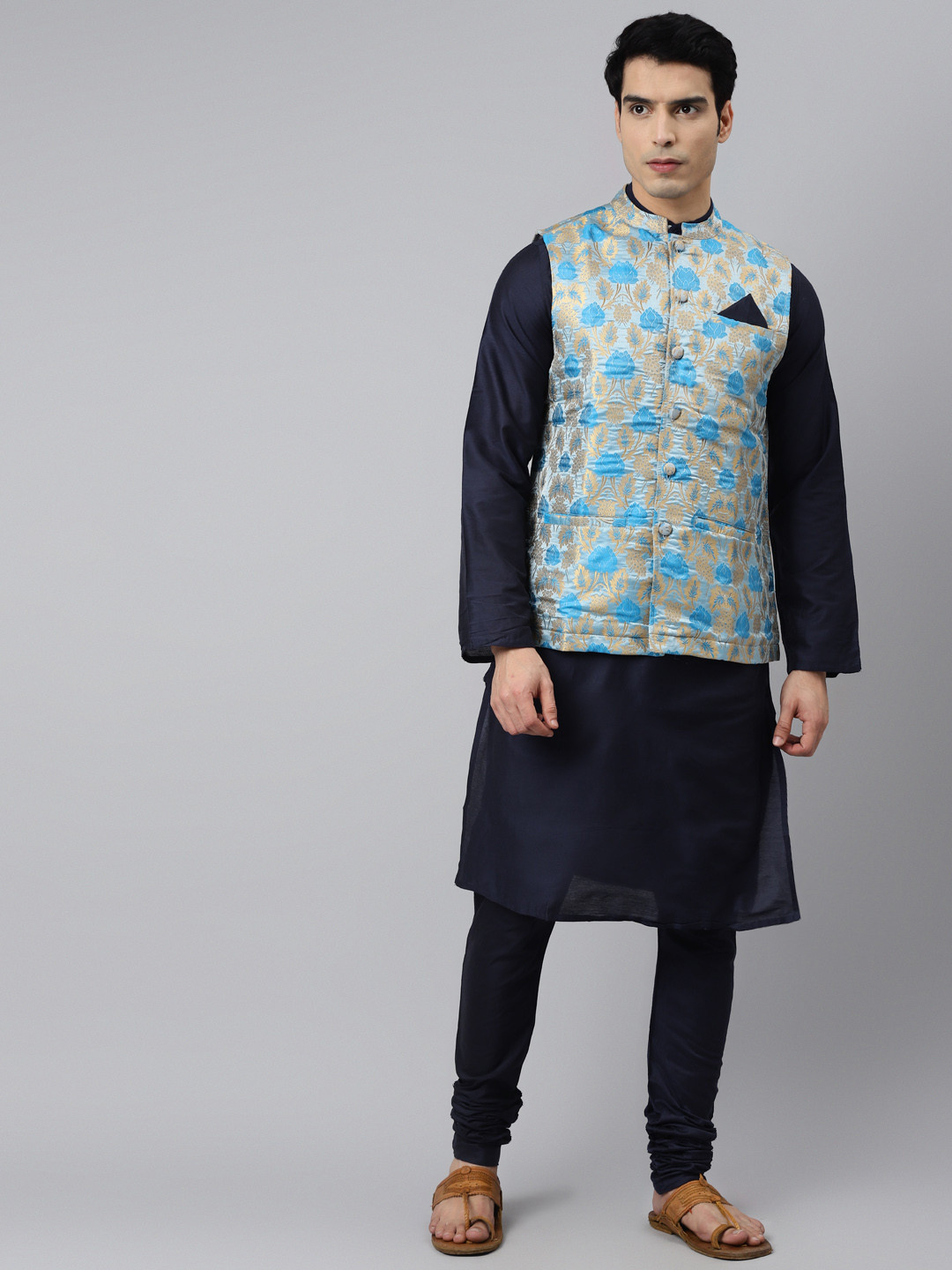 Tulsattva Men Navy Blue Kurta with Churidar & Nehru Jacket