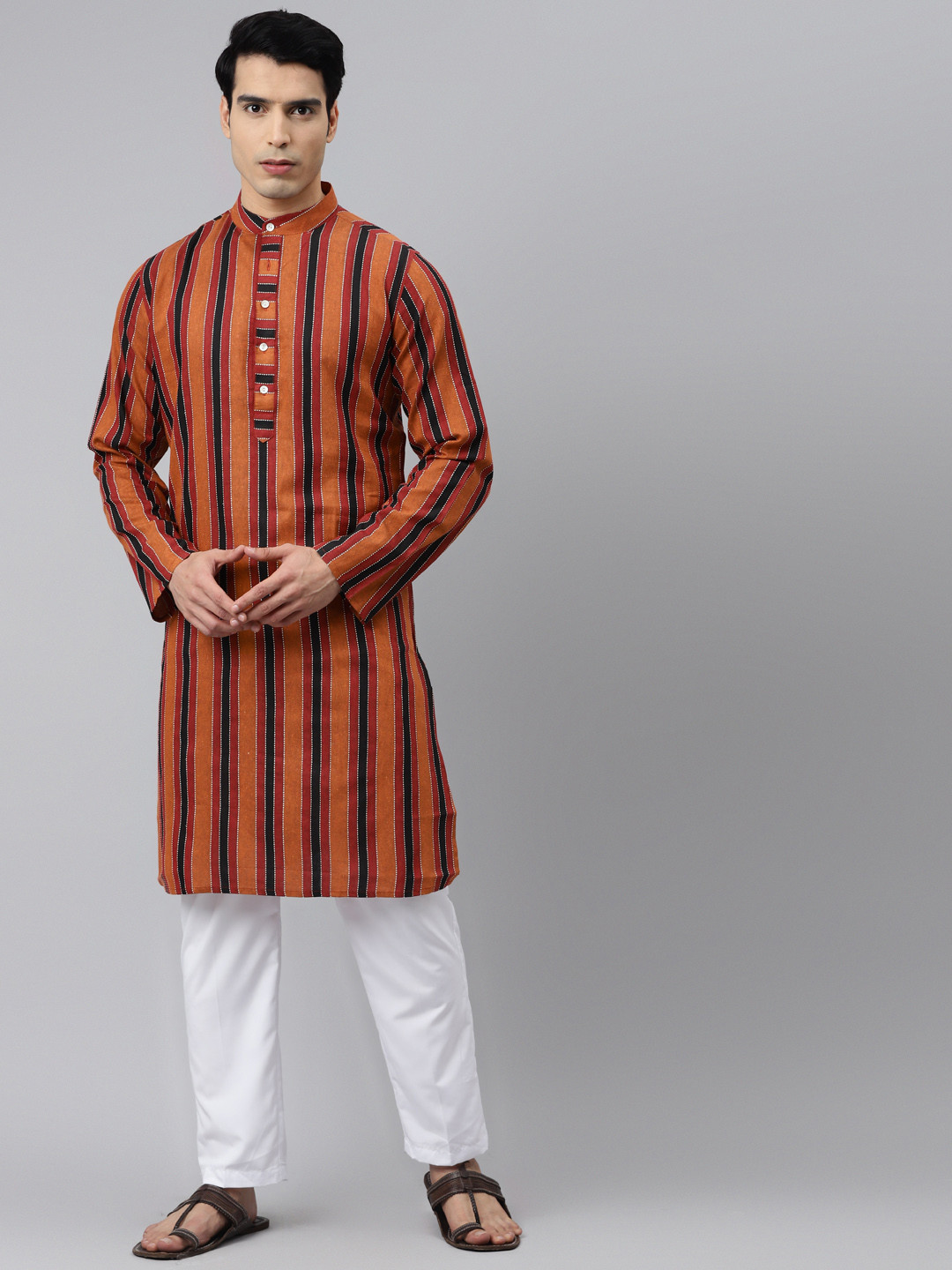 Tulsattva Men Red Pure Cotton Striped Kurta with Pyjamas