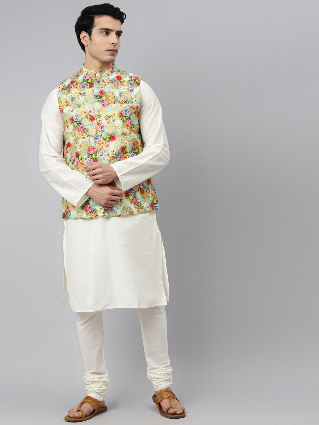 Tulsattva Men White Kurta with Churidar & Nehru Jacket