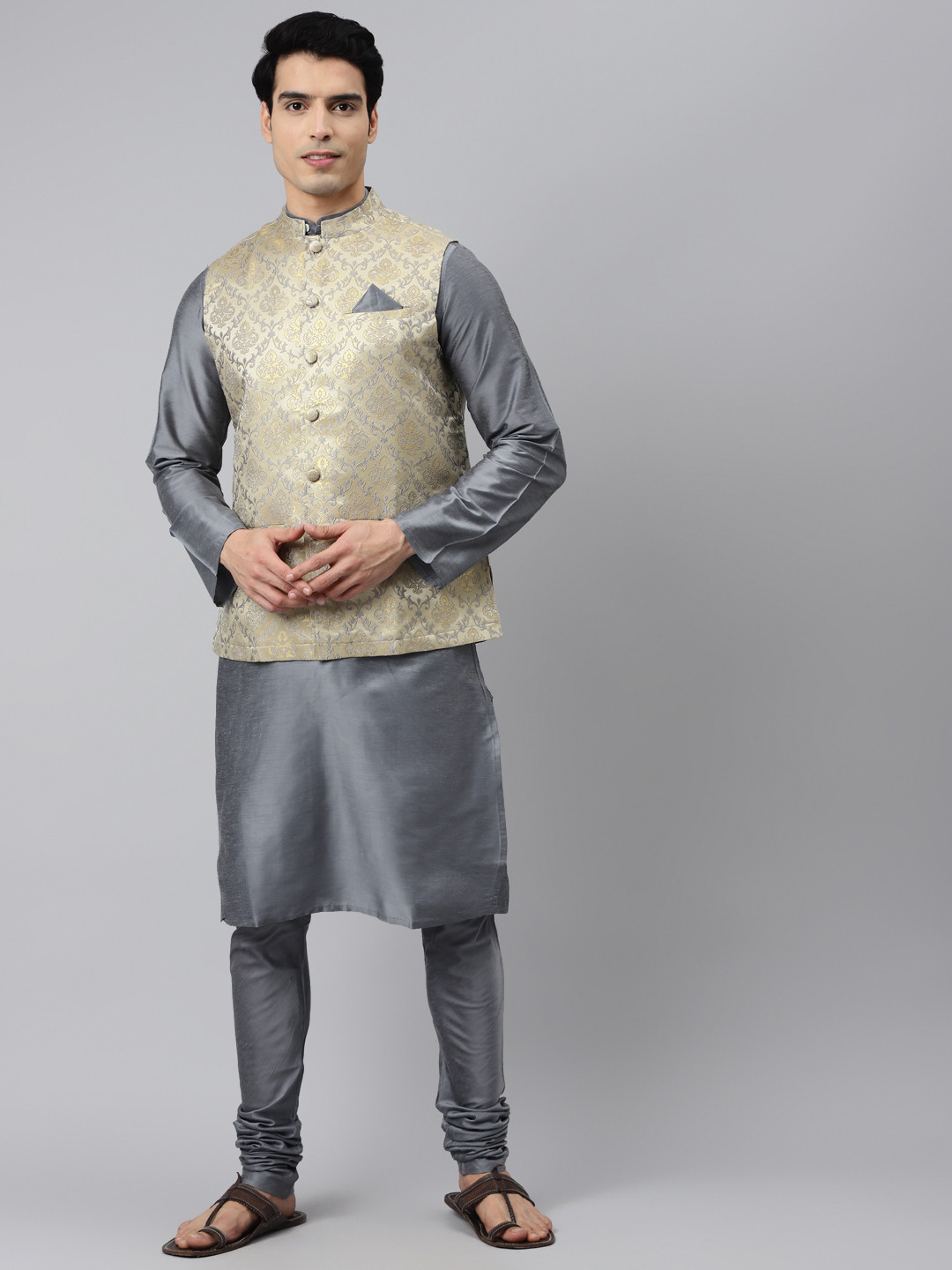 Tulsattva Men Grey & Beige Floral Kurta & Pyjamas with Nehru Jacket