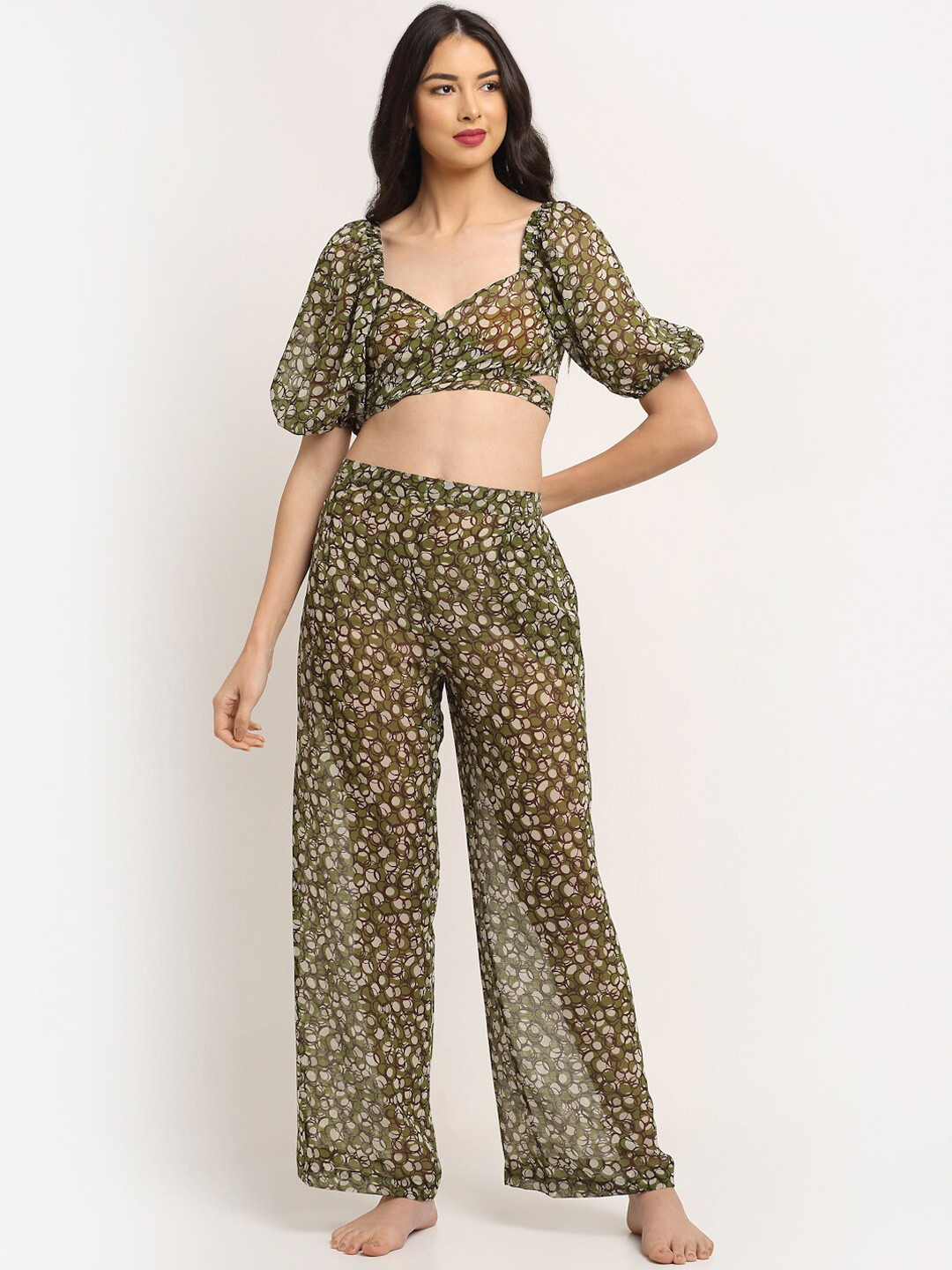 Aoba Women Green & Beige Printed Cover-Up Beachwear Set