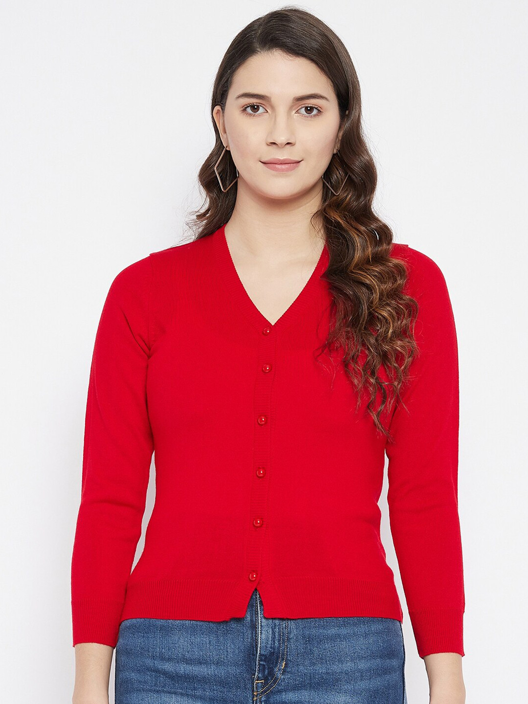 Zigo Women Woolen Red Solid Crop Cardigan