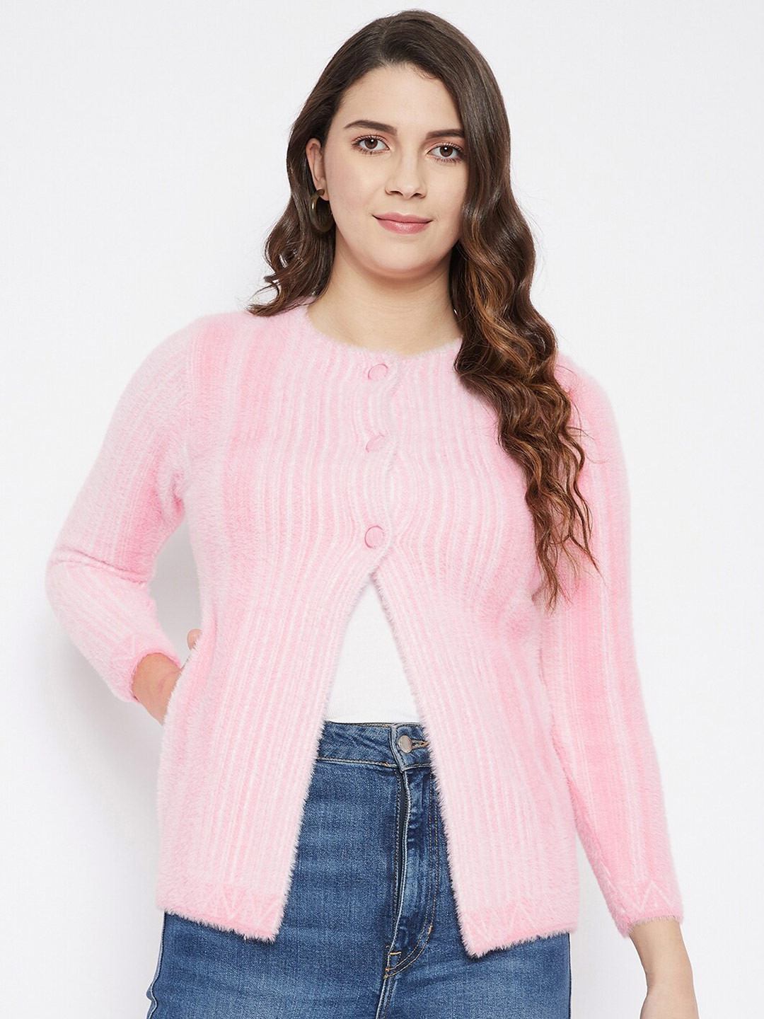 Zigo Women Pink & White Striped Cardigan