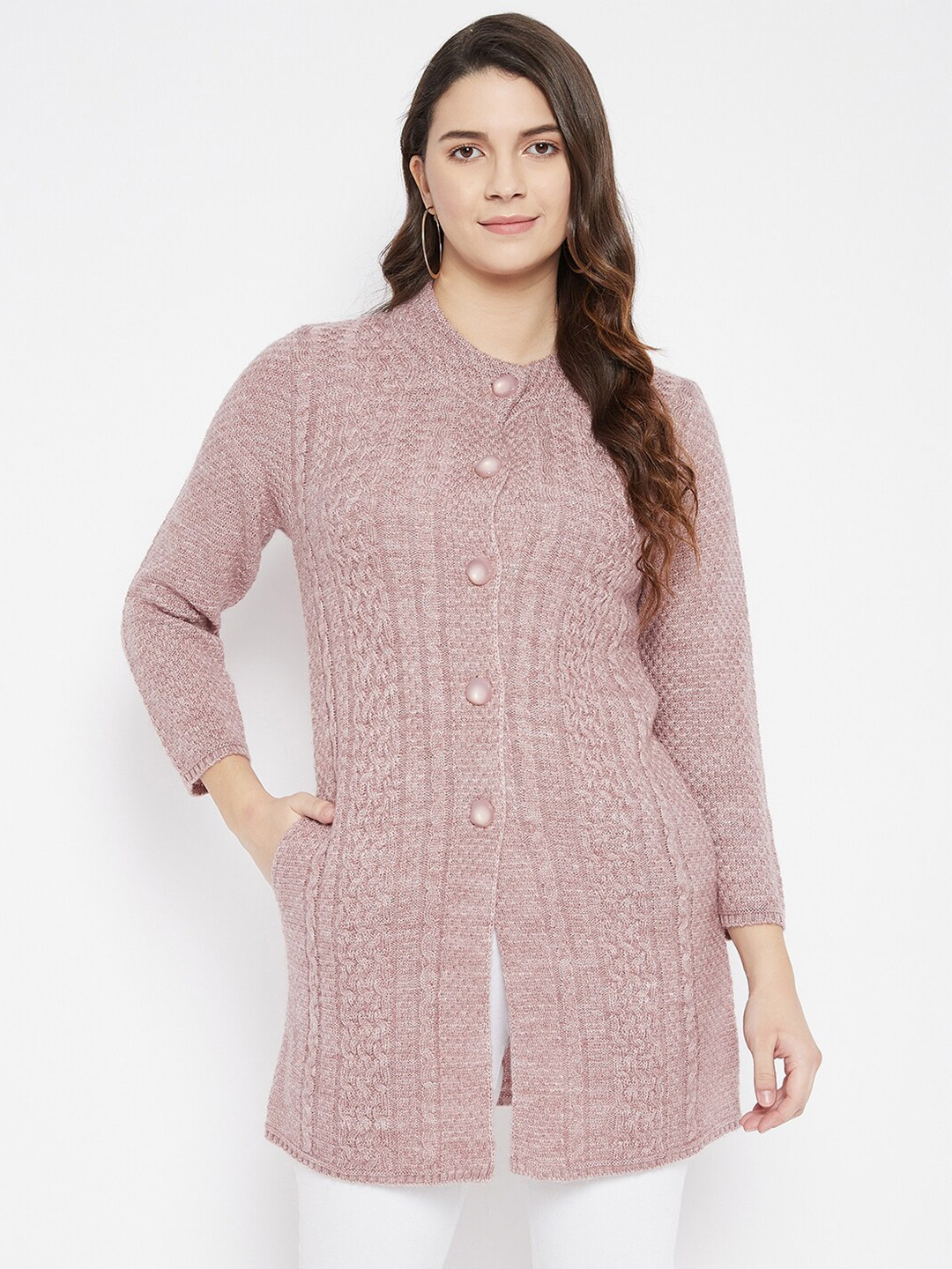 Zigo Women Mauve Self Design Wool Longline Cardigan