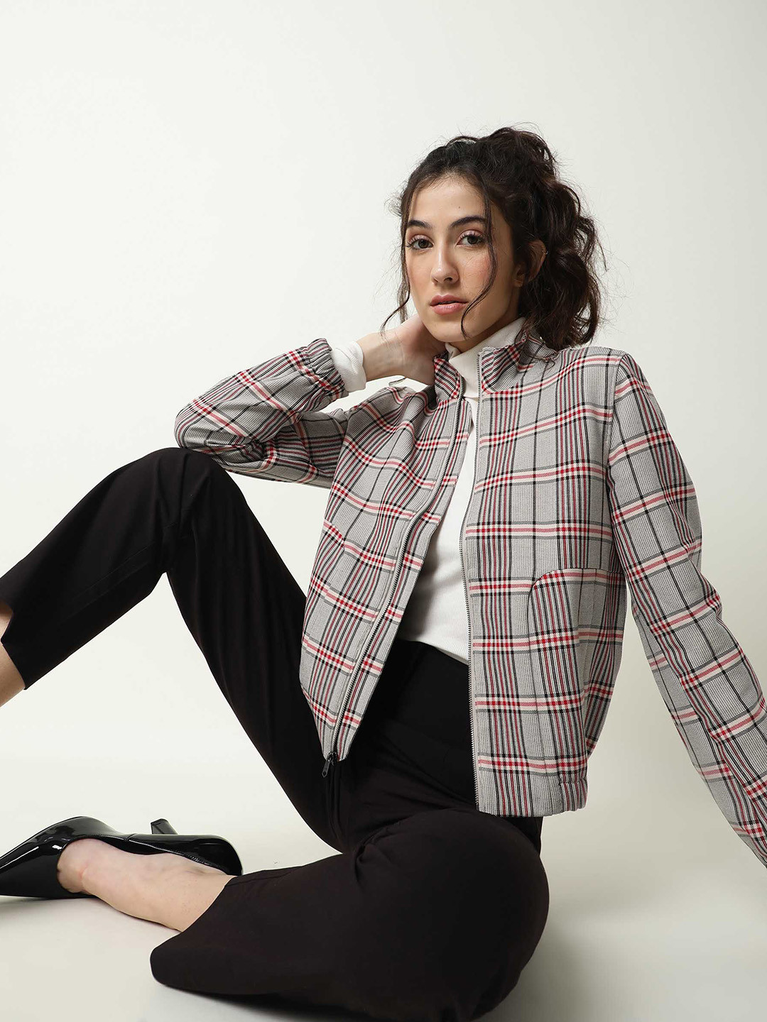 RAREISM Women Off White & Red Checked Tailored Jacket