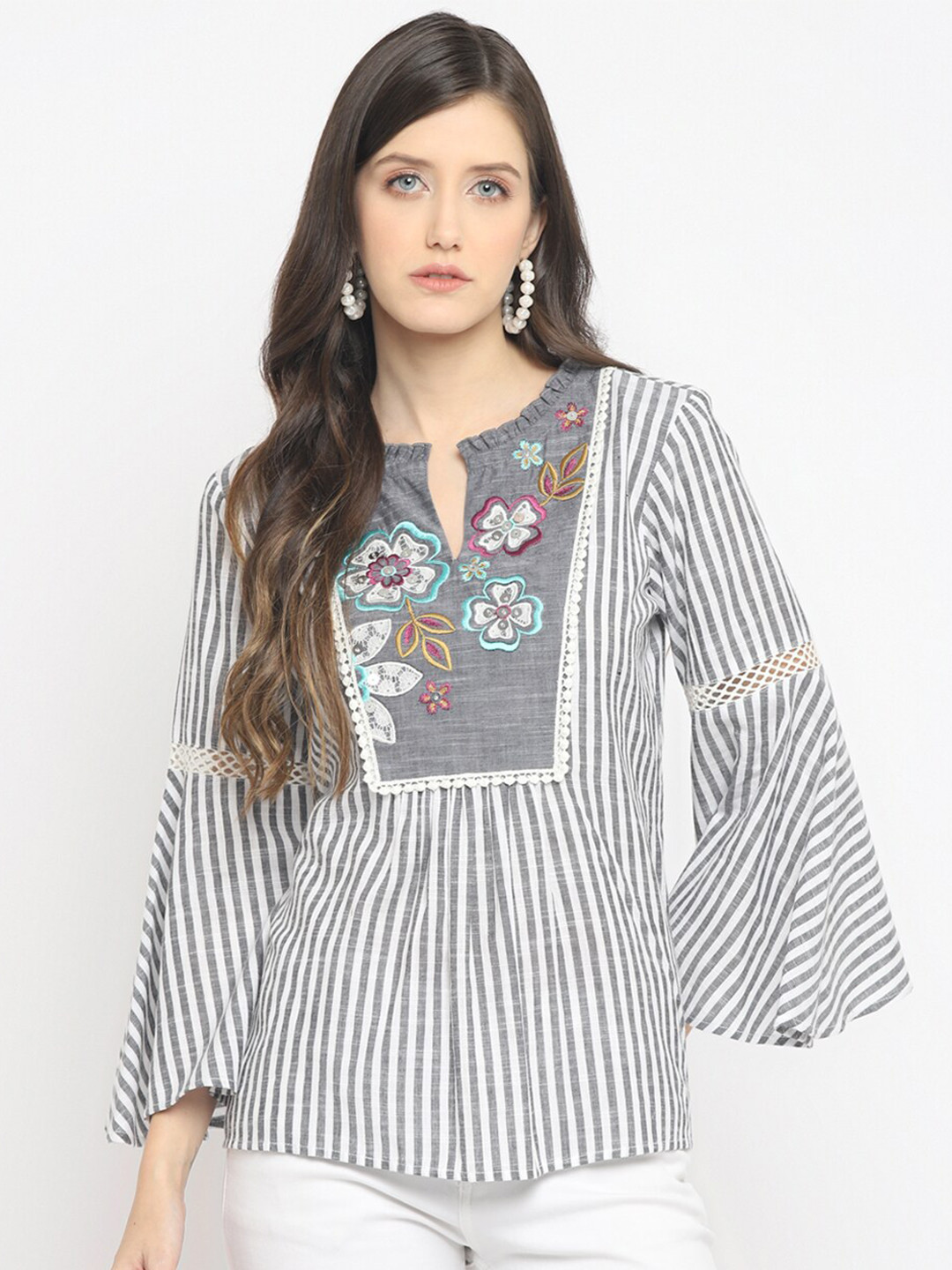 Taurus Grey Striped Keyhole Neck Pure Cotton Top