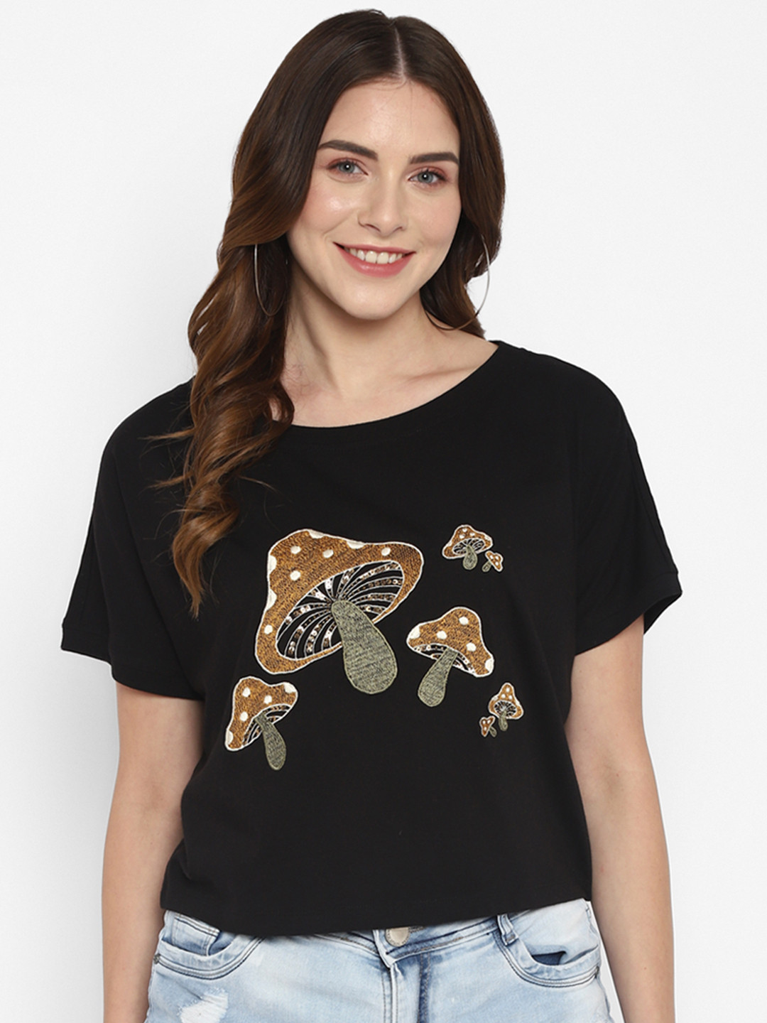Taurus Women Black & Grey Printed Round Neck  Oversized T-shirt