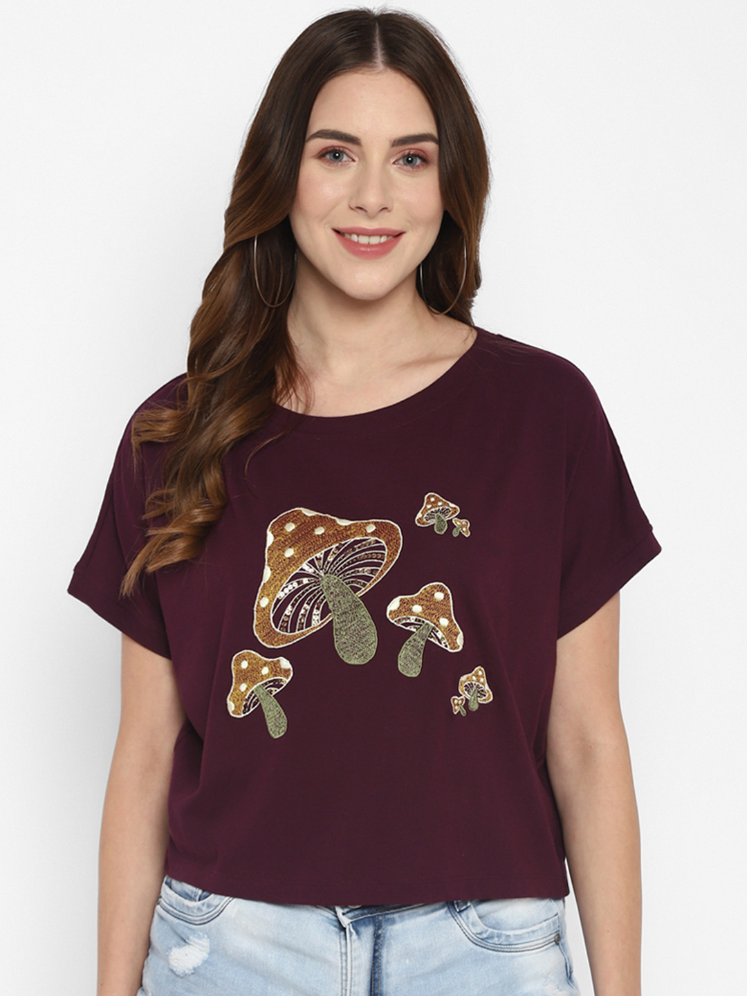 Taurus Women Maroon Printed Extended Sleeves Loose T-shirt