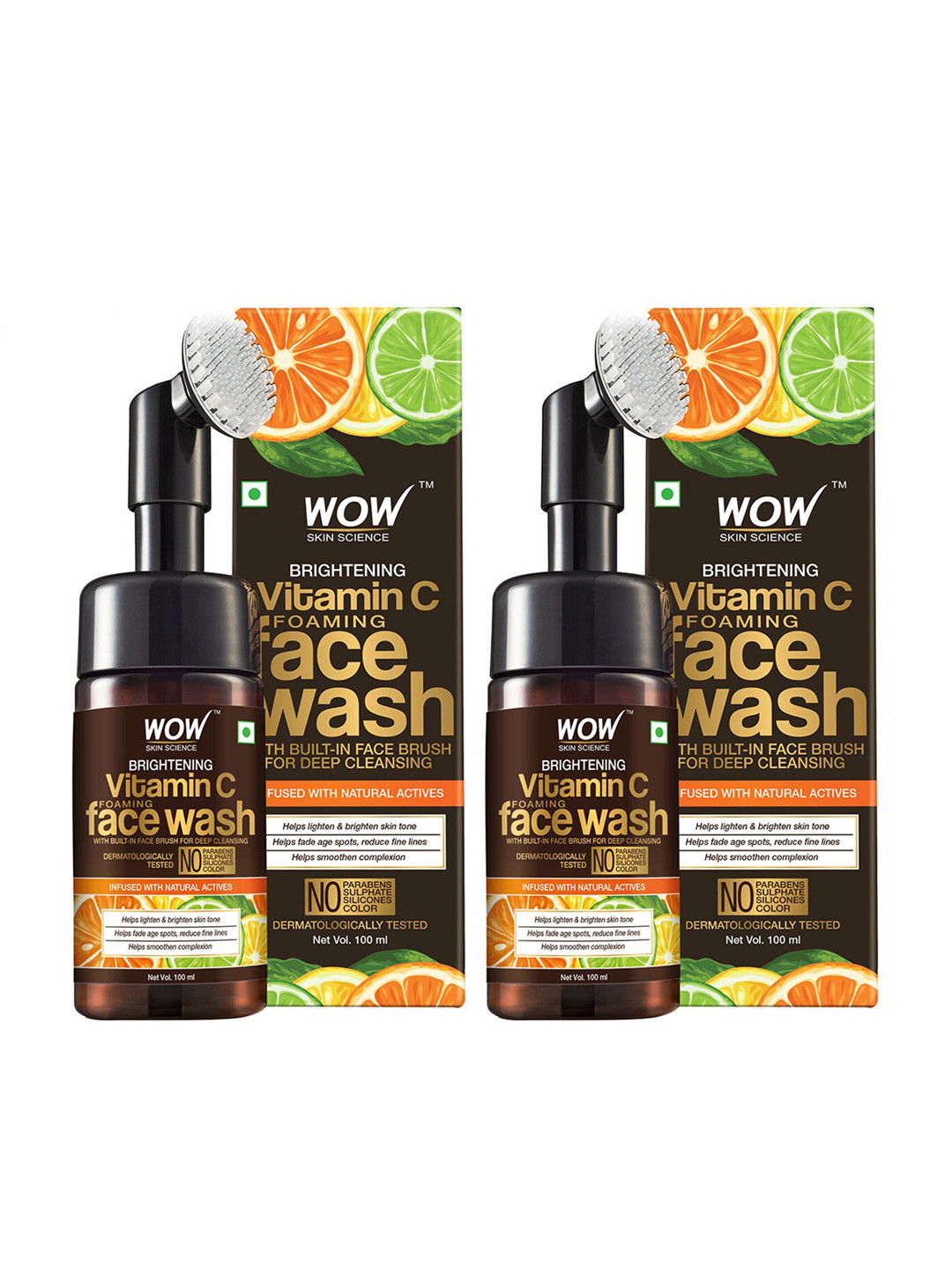 WOW SKIN SCIENCE Set of 2 Brightening Vitamin C Foaming Face Wash with Built-In Brush