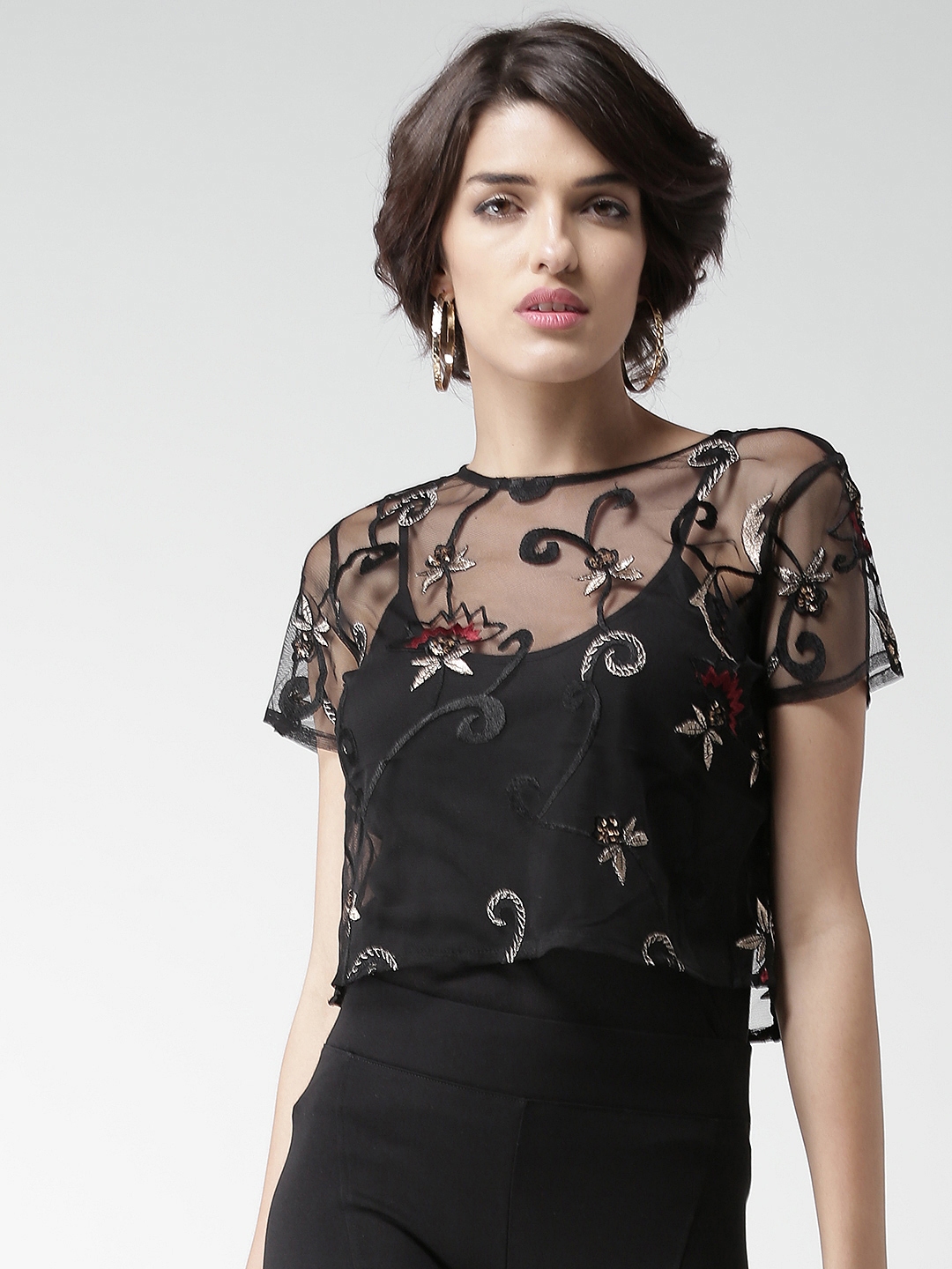 FOREVER 21 Women Black Embroidered Sheer Top