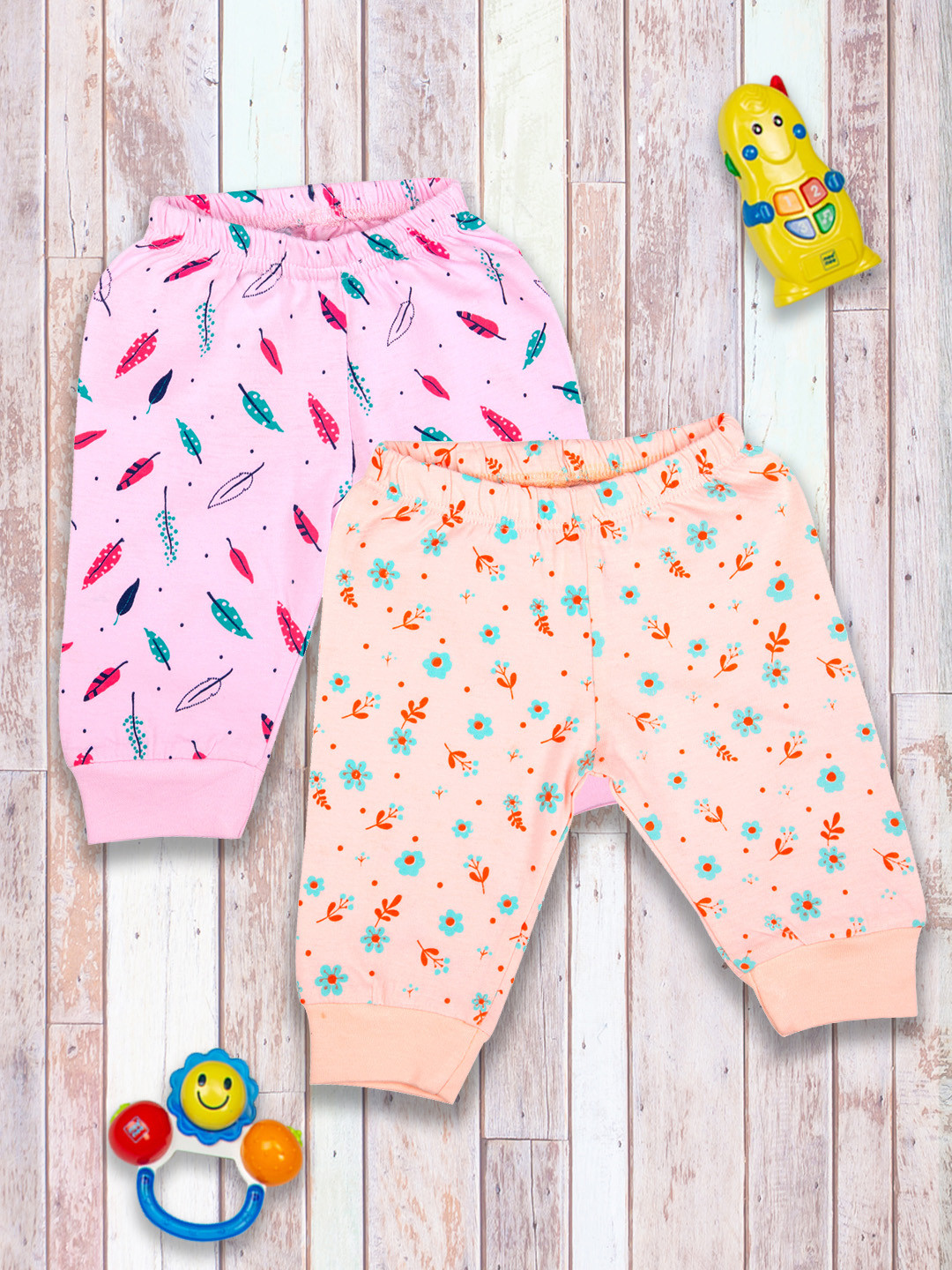 MeeMee Infant Girls Peach & Pink Pack of 2 Printed Cotton Lounge Pants