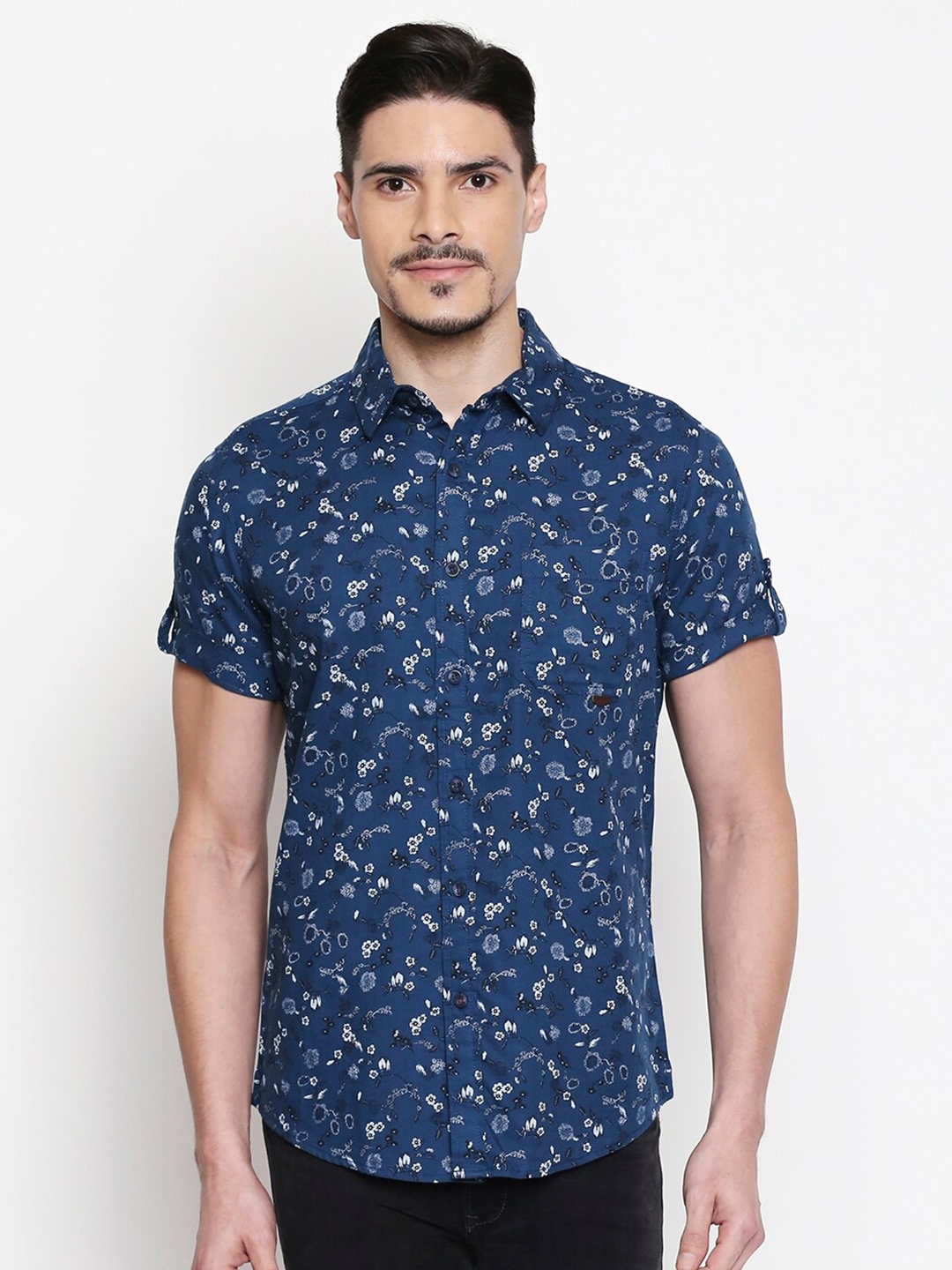 Mufti Men Blue Slim Fit Floral Printed Cotton Casual Shirt
