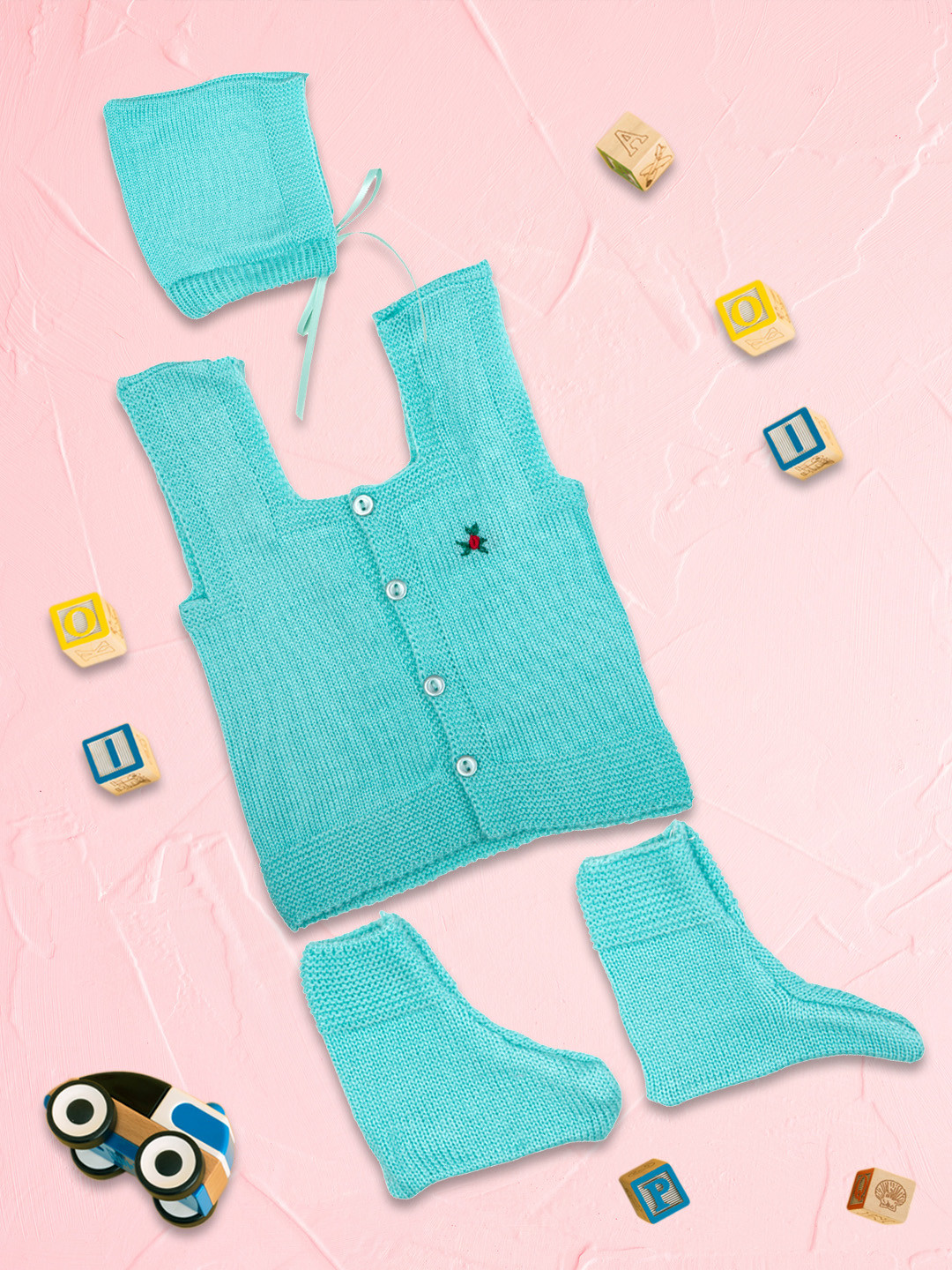 MeeMee Unisex Infant Sea Green Set Of 3 Sweater & Beanie & Booties