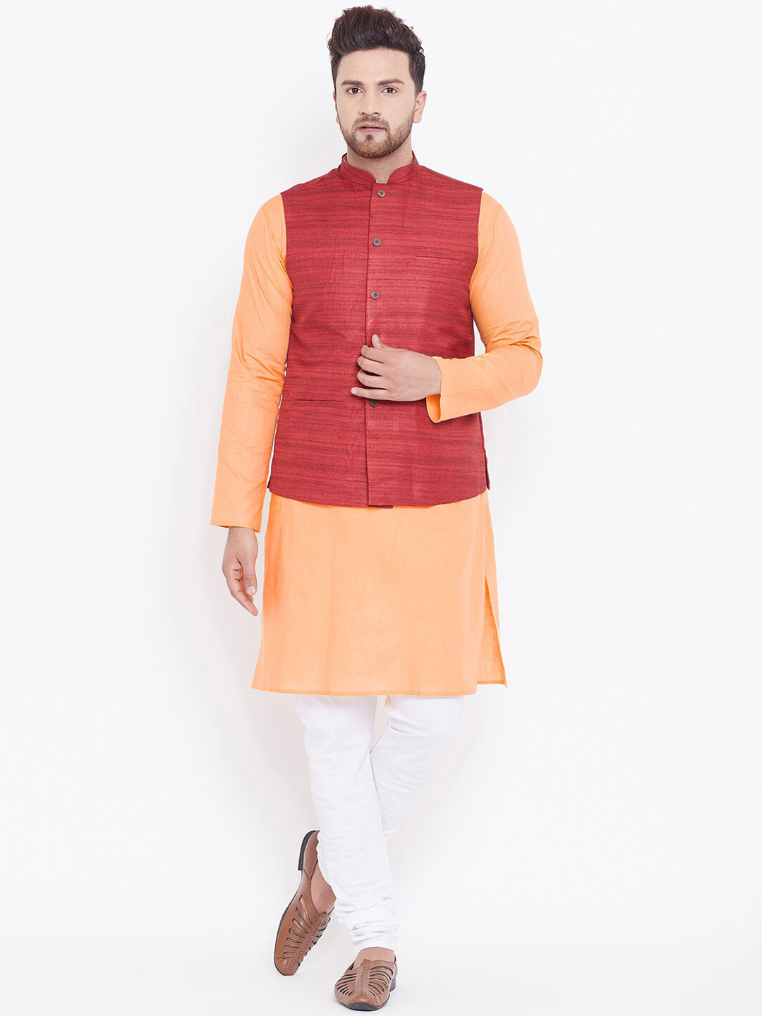 VASTRAMAY Men Orange Kurta with Churidar & Nehru Jacket