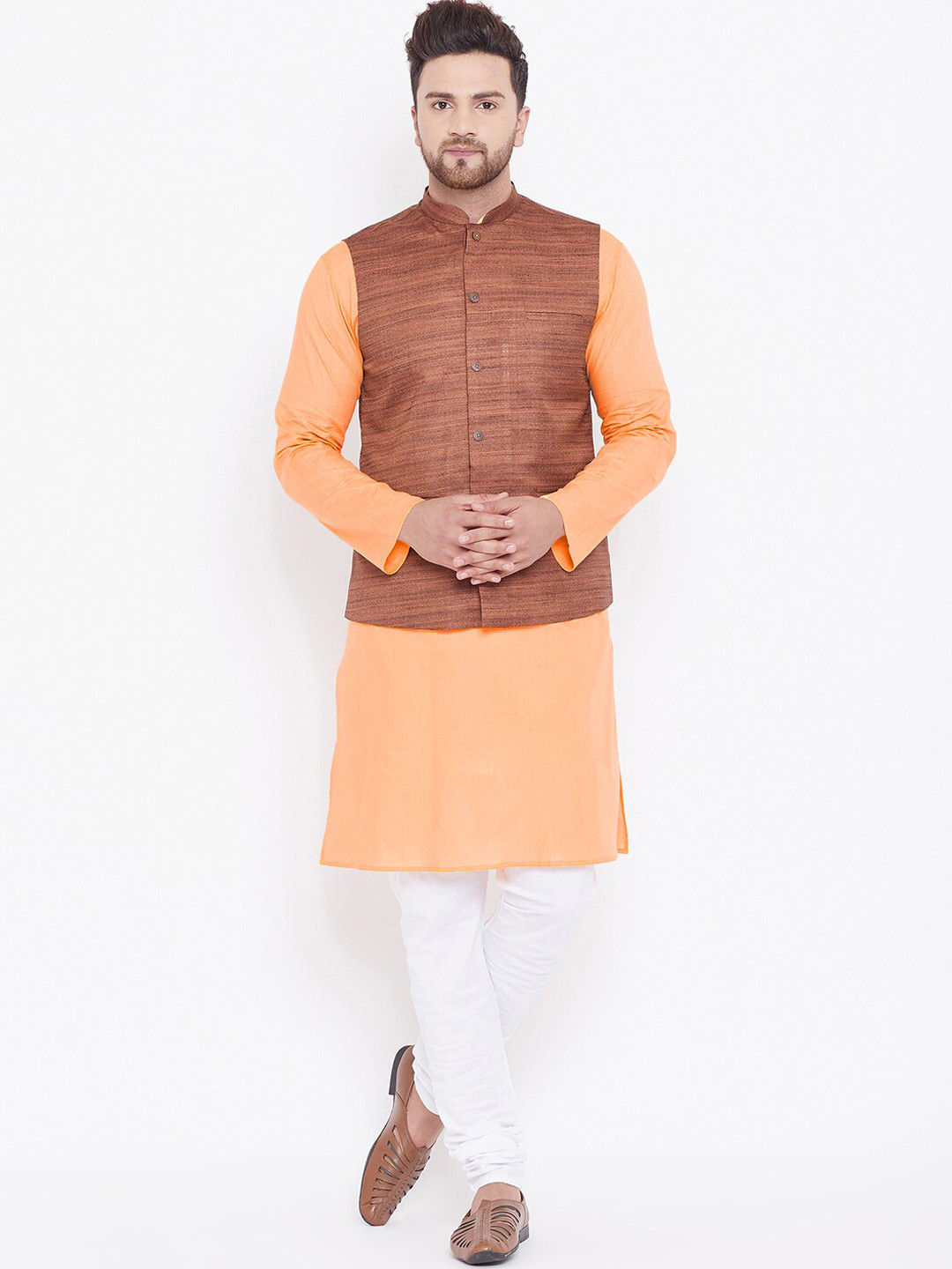 VASTRAMAY Men Orange Layered Kurta with Pyjamas