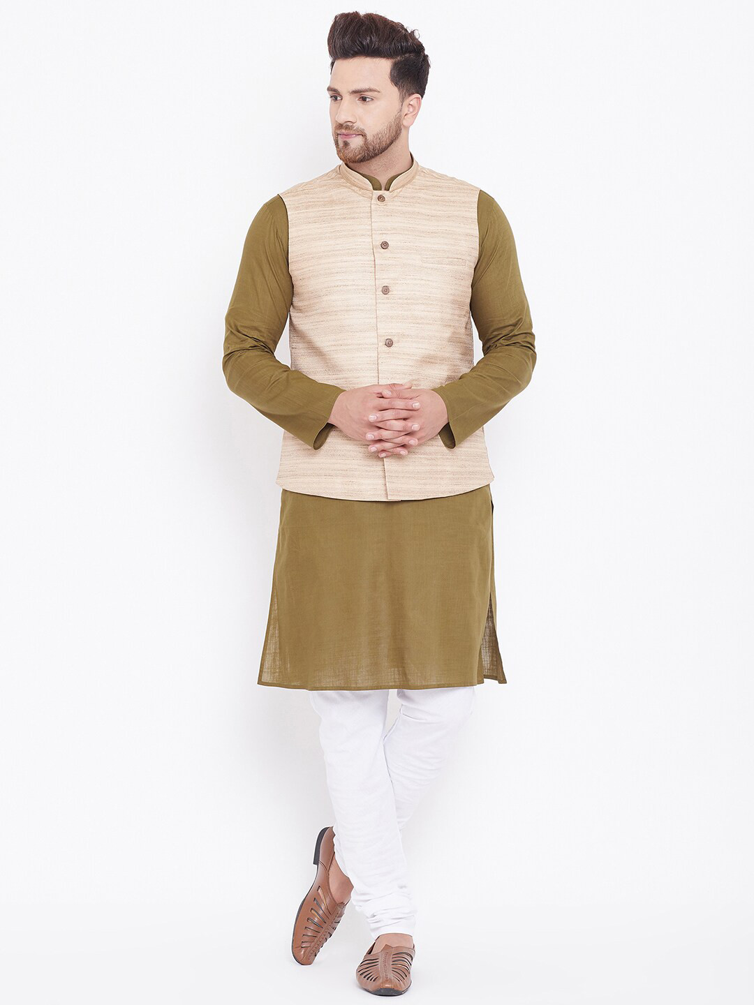 VASTRAMAY Men Olive Green Kurta with Pyjamas & Nehru Jacket