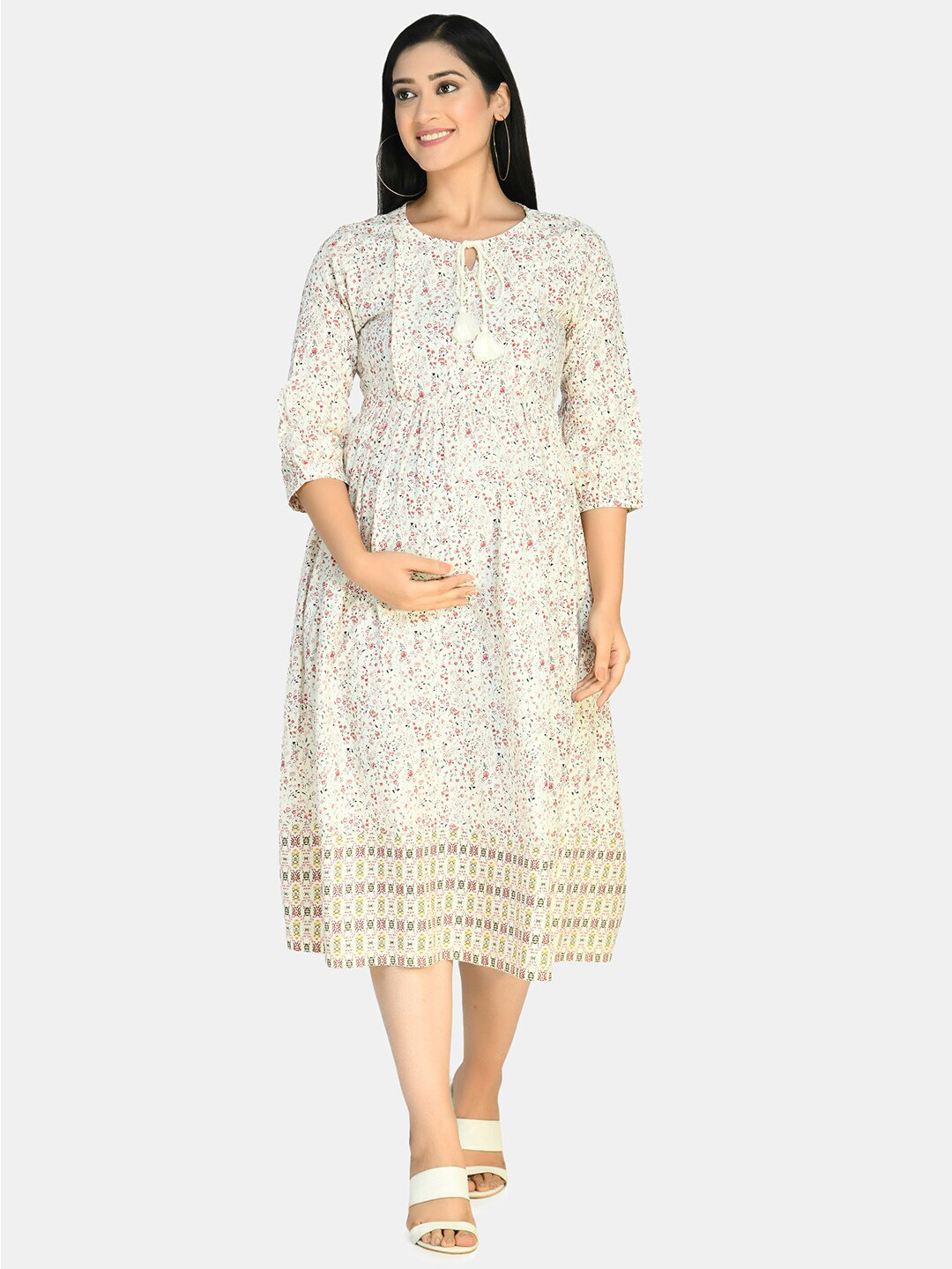 Aaruvi Ruchi Verma White & Red Floral Tie-Up Neck Maternity Midi Dress