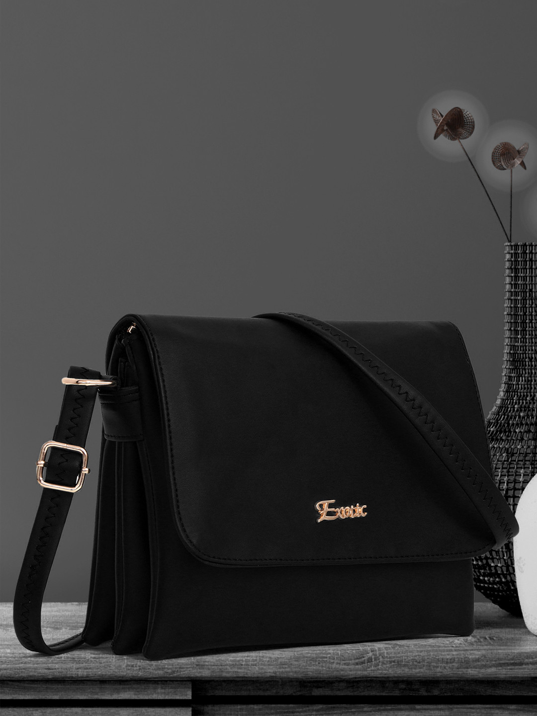 Exotic Black PU Structured Sling Bag
