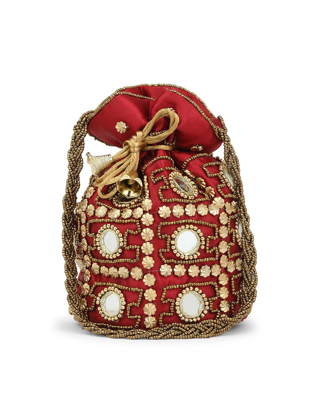 gaura pakhi Maroon & Gold-Toned Embroidered Potli Clutch