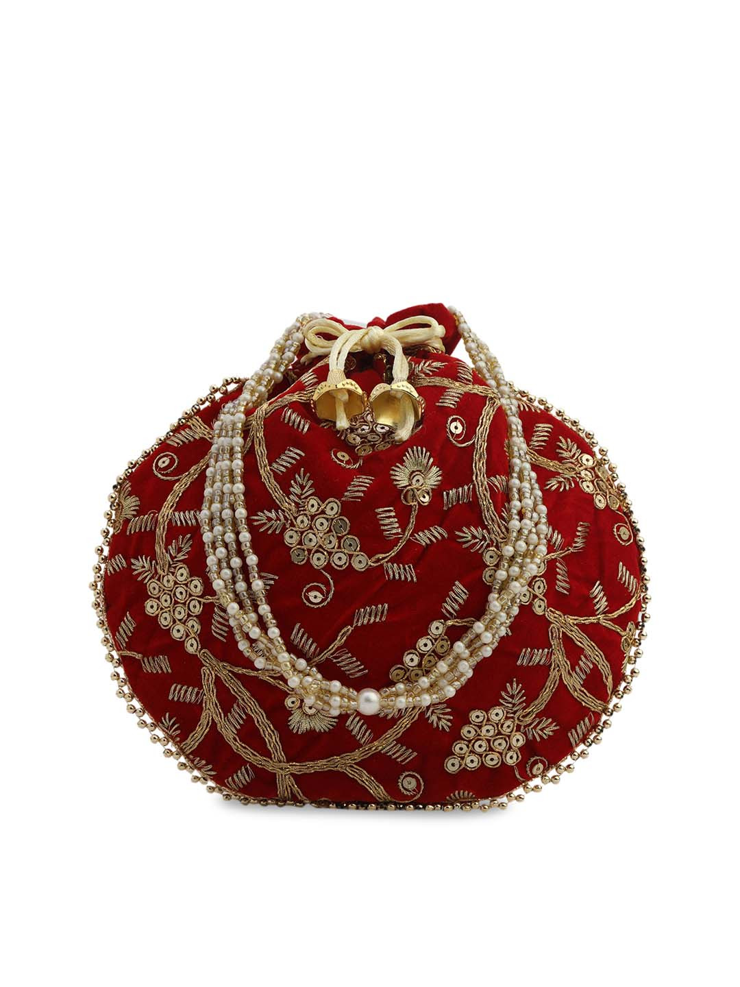gaura pakhi Women Red Embroidered Potli With Wrist Loop